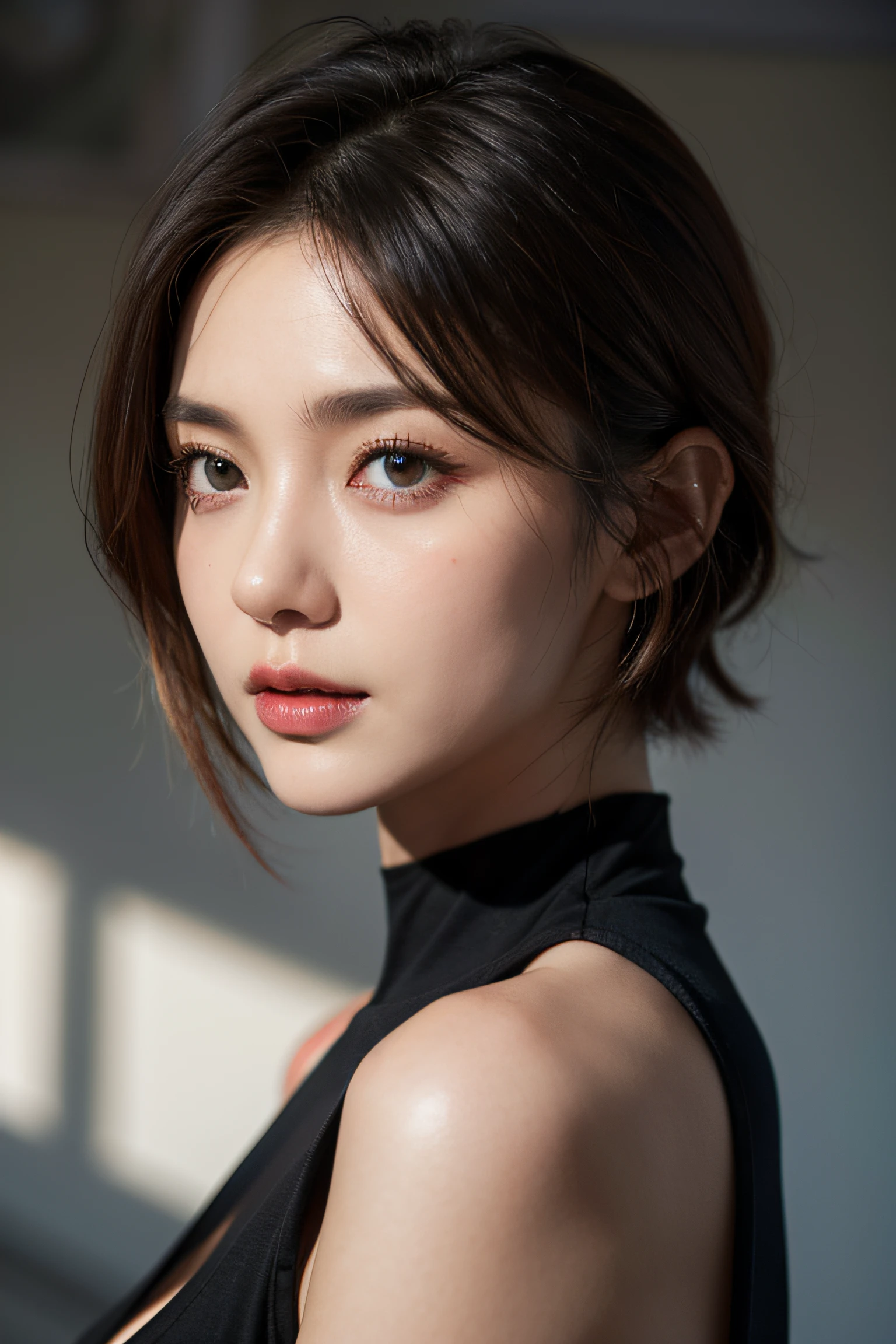 Skin Tight Black Top:1.2, Looking at Viewer, Cinematic lighting, Perfect, softlight, High resolution skin:1.2, Realistic skin texture,30 years old mature woman、 Realistic face, off shoulders, Exposed cleavage,natural make up、 Detailed red eyes、 Short hair, dark brown hair、a small face、Bust B Cup