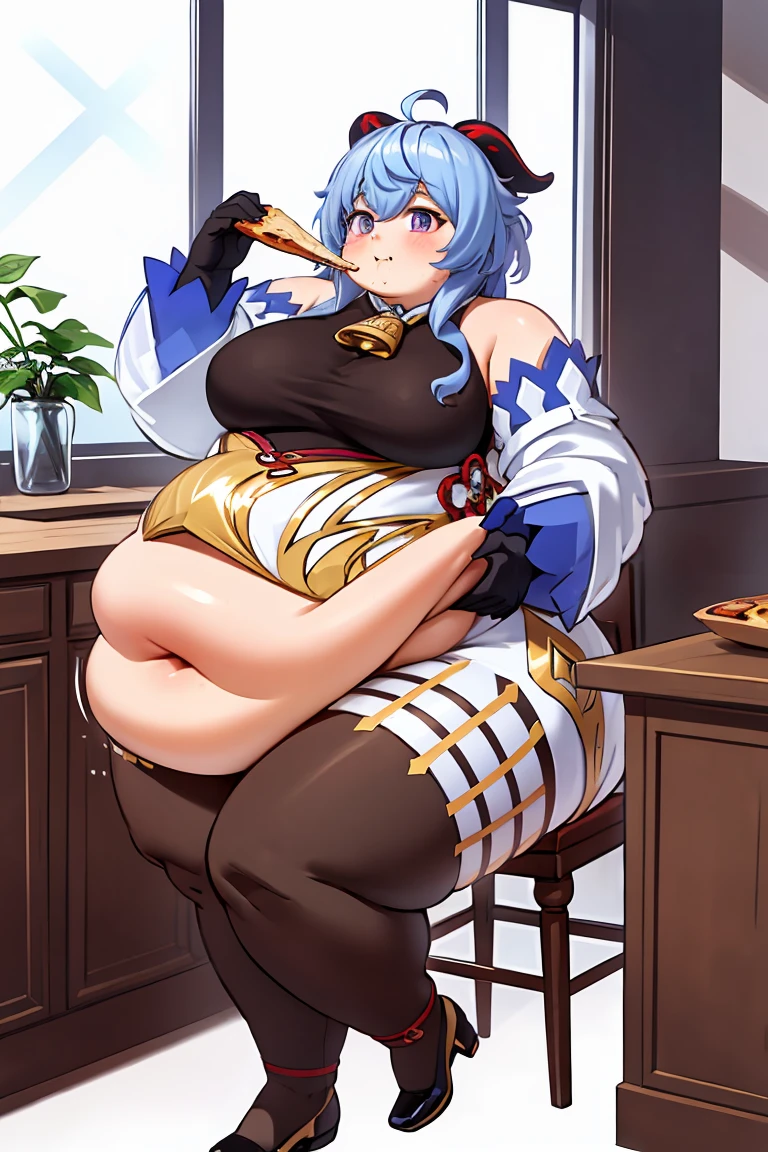 fat body, fat arms, masterpiece, best quality, 1girl, solo, fat belly, thick thighs, long hair, breasts, looking at viewer, big cheeks, cute and fat face, bangs, gloves, bare shoulders, fat neck, medium breasts, cute pose, blue hair, purple eyes, flower, ahoge, pantyhose, detached sleeves, horns, black gloves, water, high heels, from side, black pantyhose, sideboob, obese ganyu (genshin impact), Fat Ganyu, happy, eating much vergan pizza, closed kitchen , sitting and eating, holding pizza with one hand