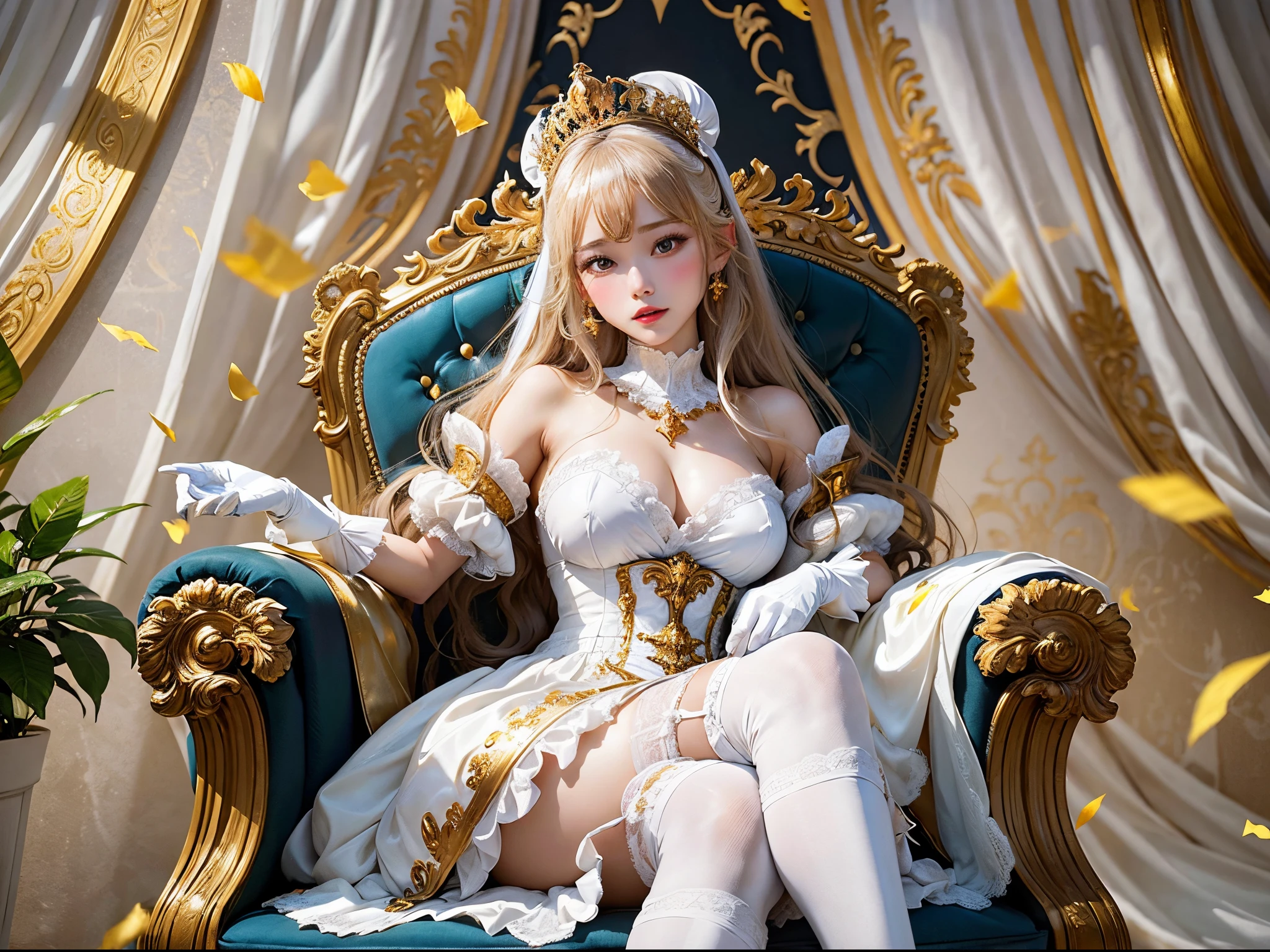 in the throne room、A luxurious golden throne in the Rococo style、sit cross-legged、Put on a gorgeous tiara、Wearing long white gloves、Wearing white stockings and a white garter belt、wearing white high heels、with big breasts、slightly showing nipples、Seen from the front、a young and beautiful princess