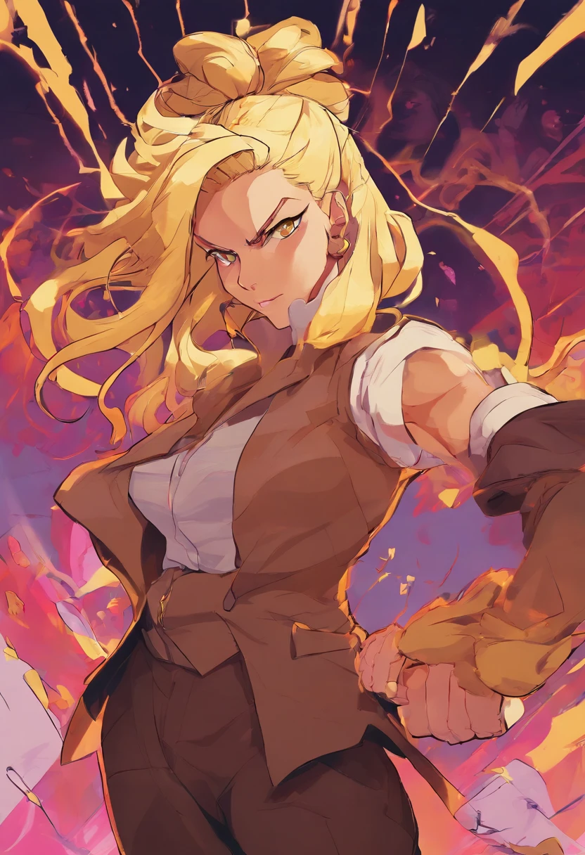 blonde hair, golden eyes, brown suit, pant suits, large breasts, expressionless, topknot, crossed arms