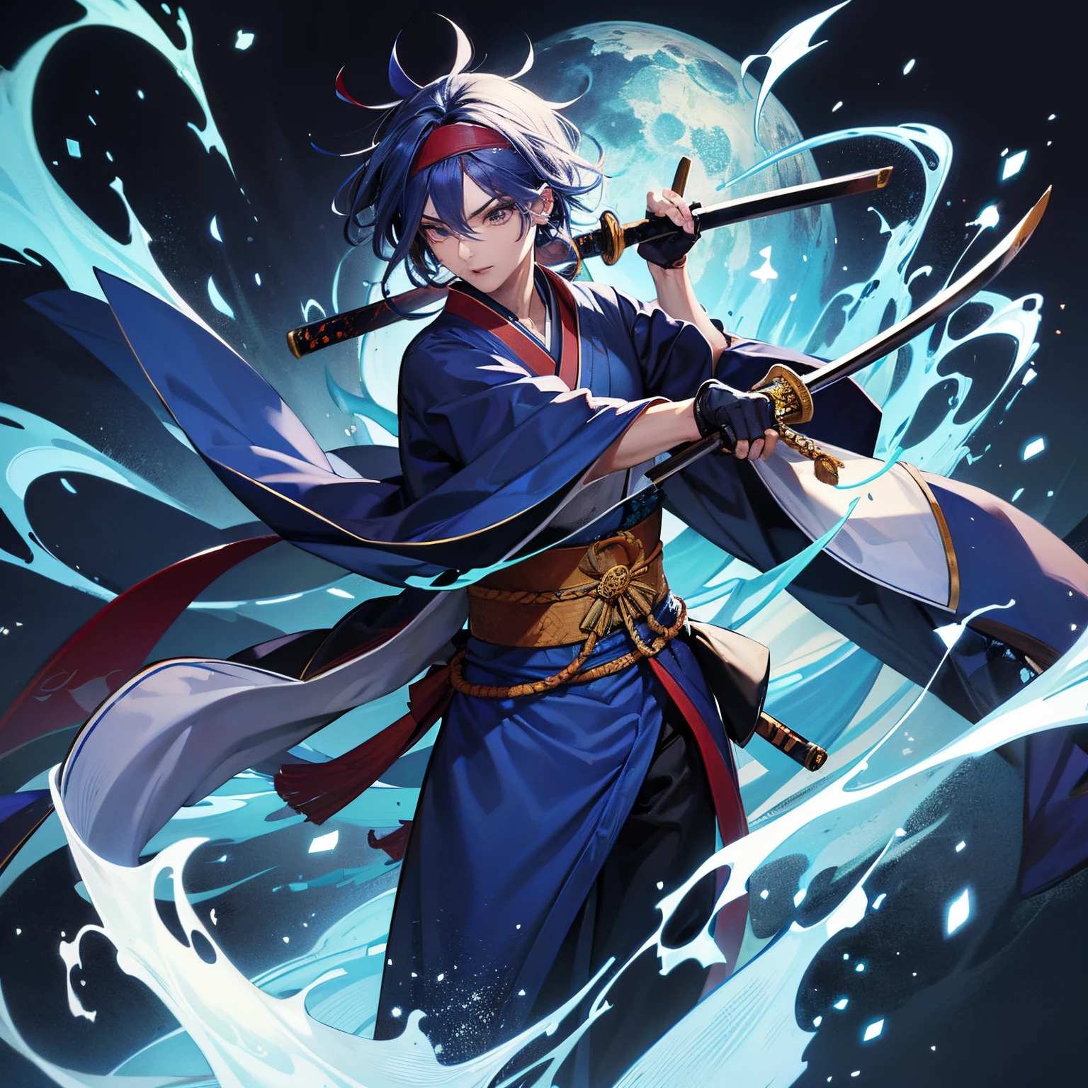 Personagem Hashira com uma bandana cobrindo um dos olhos, olhos vermelhos, cabelos brancos, wearing a dark blue kimono and with a katana in his hands