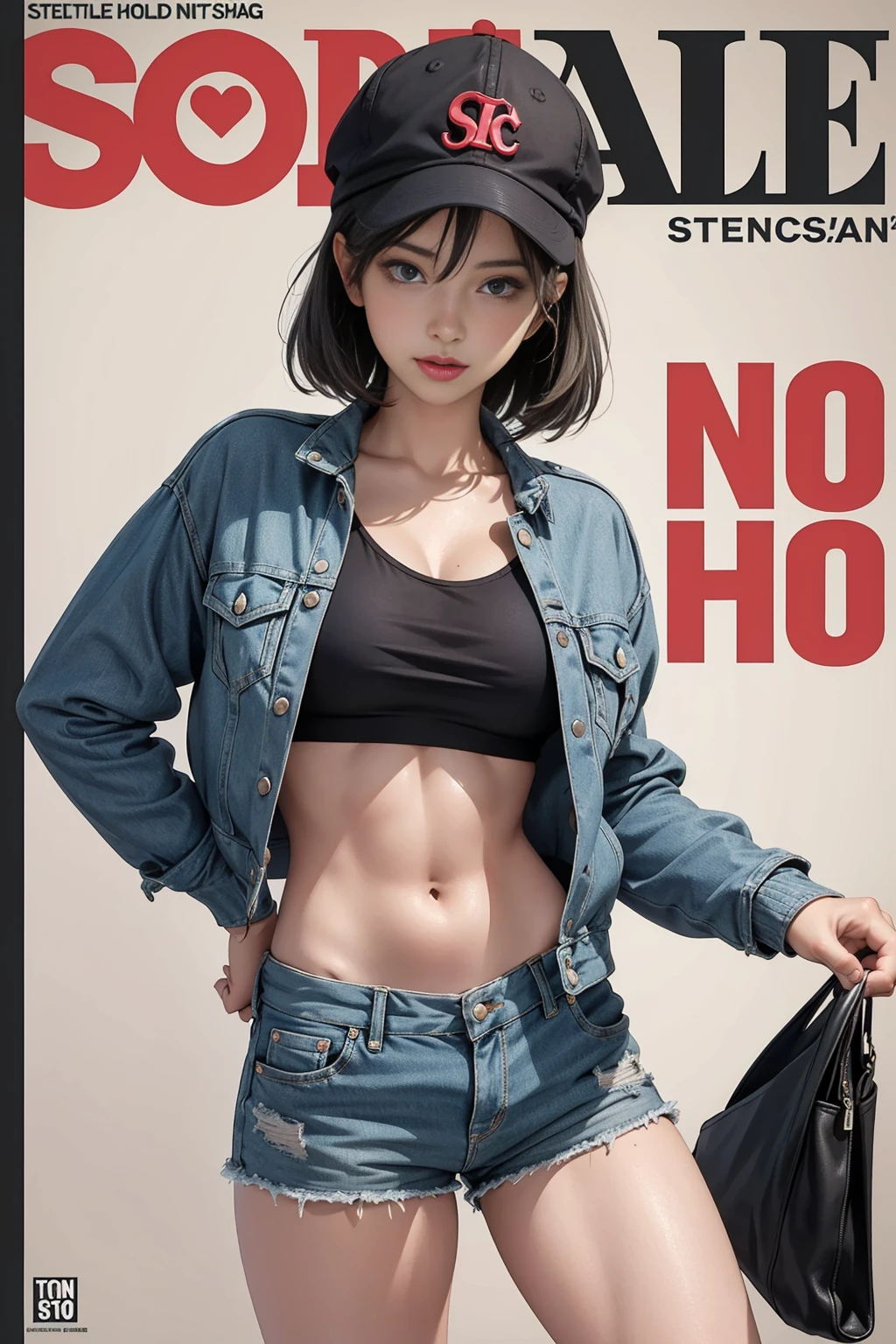 1girl, sfw, cap, shorts, jacket, nice slender body, large breasts, (Magazine cover-style illustration of a fashionable woman in vibrant outfit posing in front of a colorful and dynamic background. She has a confident expression and is striking a pose. The text on the cover should be bold and attention-grabbing, with the title of the magazine and a catchy headline. The overall style should be modern and trendy, with a focus on fashion and lifestyle), wallpaper, crowds, fashion, contrapposto, female focus, model, cool