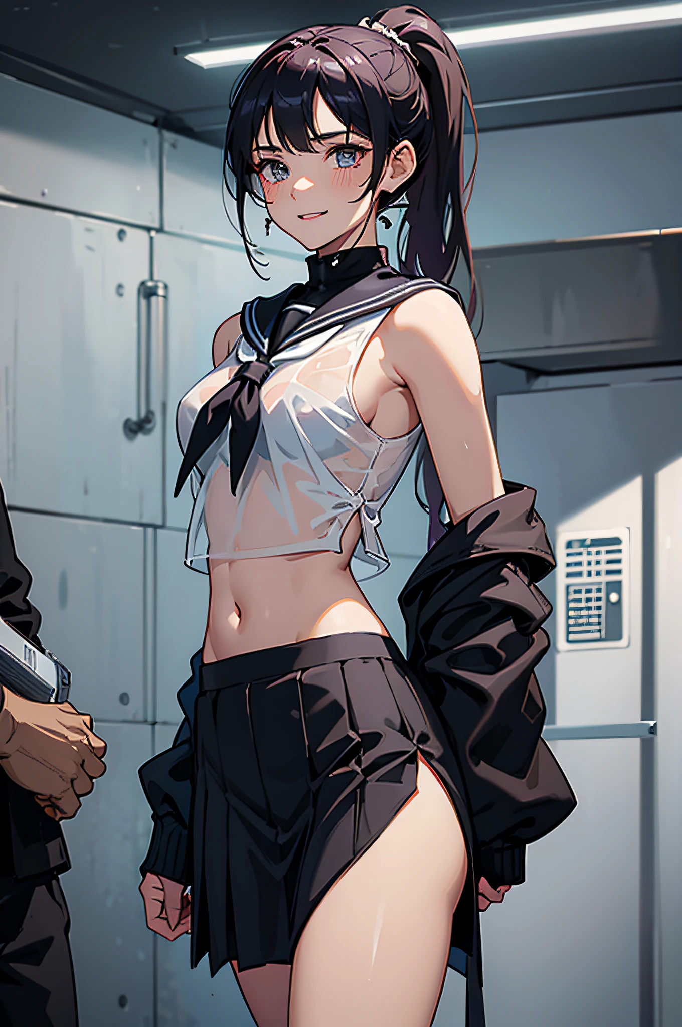 dark underground chamber,A man was disheveled and exposed his ,2 girls,Ponytail hairstyle,Get wet all over your body,See-through navel-baring sailor suit,exposing your navel,see through sailor skirt,does not wear panties,The high slit on one side of the skirt exposes the groin,1 woman rapes man,Wrap your around a man's ,woman smiles evilly,