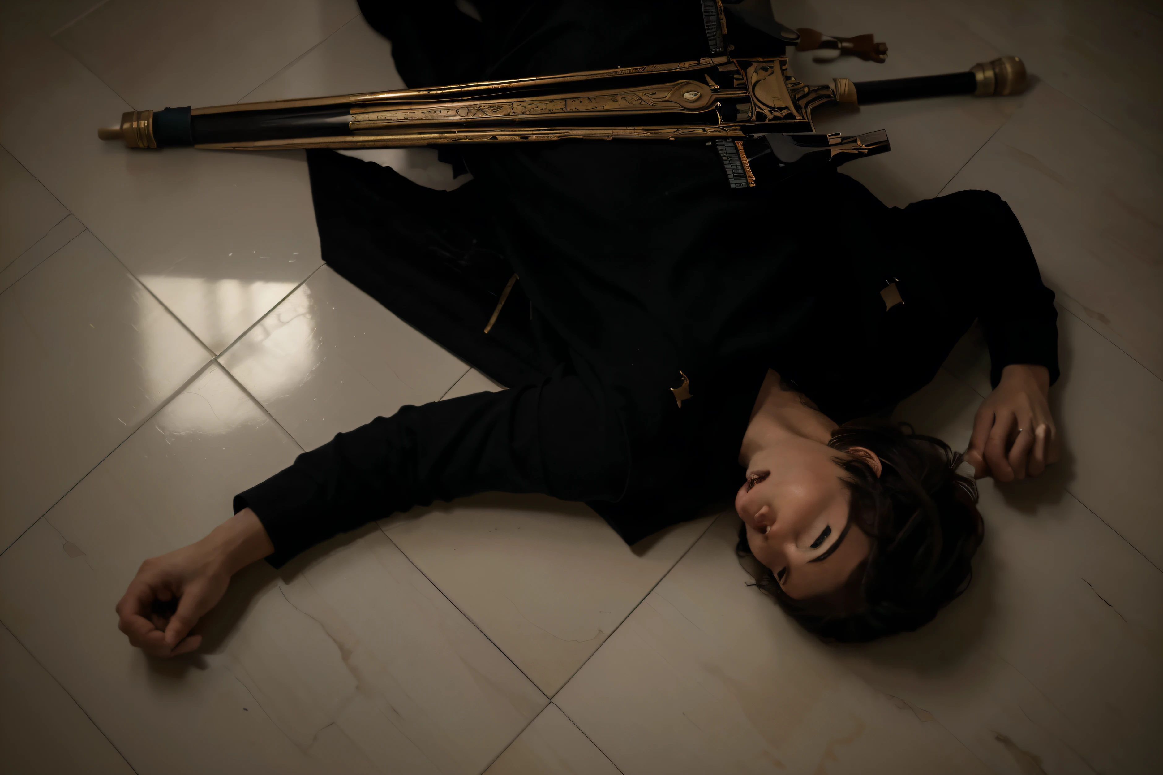 (Best quality, 8k, 32k, Masterpiece, UHD:1.2), guy laying at the floor, the floor looks austere, rough, broken