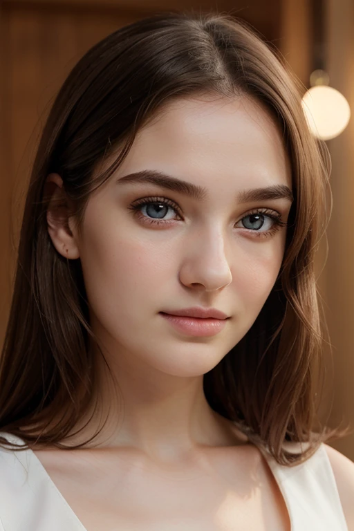[sony premium camera, 8k, full High resolution, front-facing photo], a beautiful girl, cite girl, with oval face and symmetrical face structure, big eyes, hazal eye color,nose pin, almond shape eyes, straight and balanced nose, soft wavy brown hair, heart-shaped lips, perfect eyebrows, perfect ears, light pale soft skin, pale white skin, slightly lifted chin with neutral expression and closed mouth, ((NO visible teeth in details)) plain background, bright light