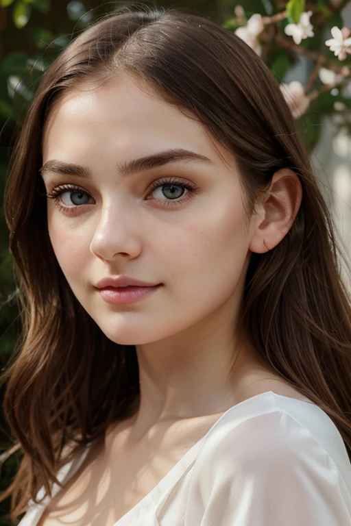 [sony premium camera, 8k, full High resolution, front-facing photo], a beautiful girl, cite girl, with oval face and symmetrical face structure, big eyes, hazal eye color,nose pin, almond shape eyes, straight and balanced nose, soft wavy brown hair, heart-shaped lips, perfect eyebrows, perfect ears, light pale soft skin, pale white skin, slightly lifted chin with neutral expression and closed mouth, ((NO visible teeth in details)) plain background, bright light