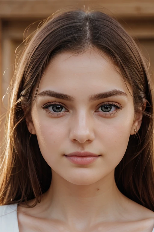 [sony premium camera, 8k, full High resolution, front-facing photo], a beautiful girl, cite girl, with oval face and symmetrical face structure, big eyes, hazal eye color,nose pin, almond shape eyes, straight and balanced nose, soft wavy brown hair, heart-shaped lips, perfect eyebrows, perfect ears, light pale soft skin, pale white skin, slightly lifted chin with neutral expression and closed mouth, ((NO visible teeth in details)) plain background, bright light
