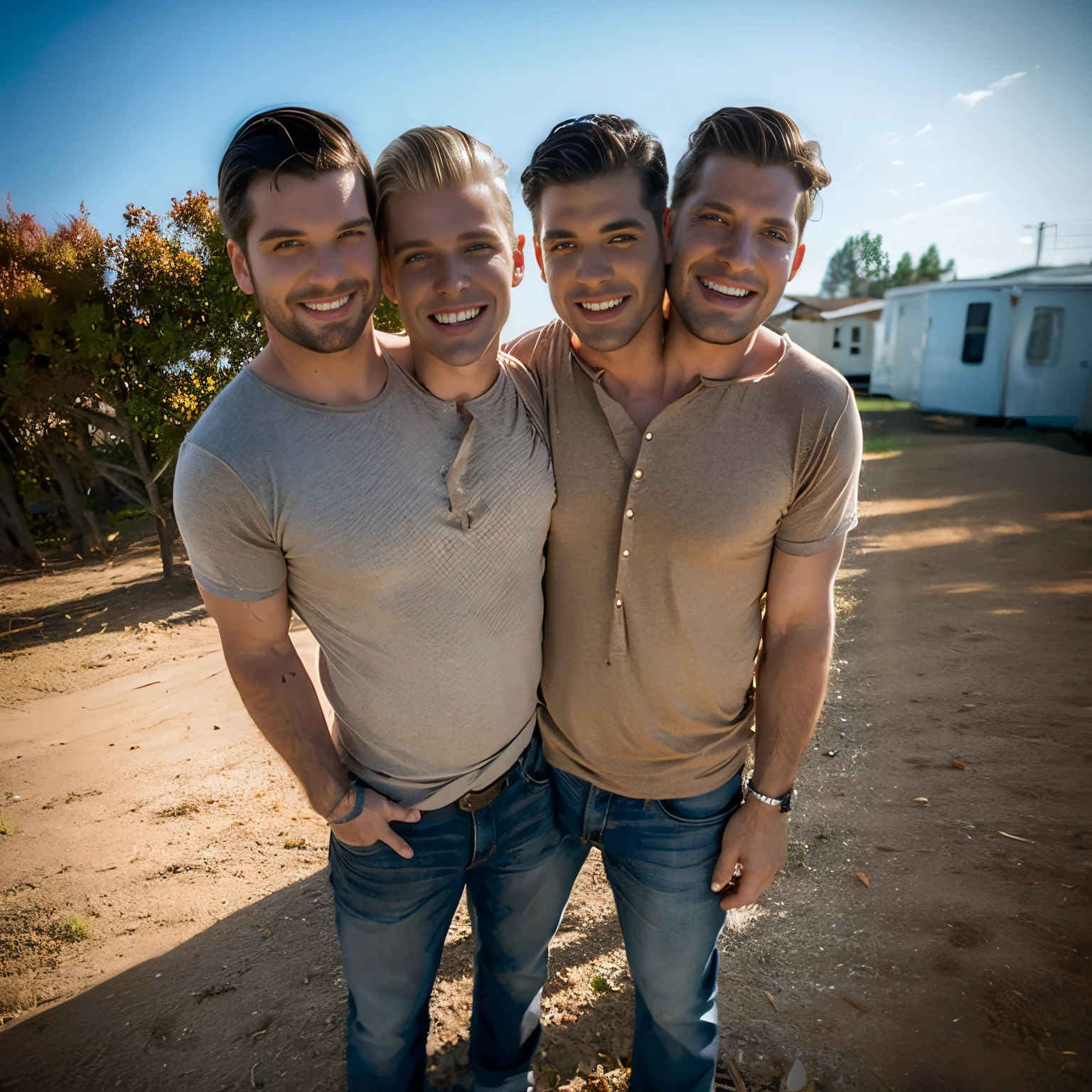 ((((2heads)))), 3men,husbands side by side, , backyard of an American trailer park in the fall, blonde, brunette, black hair, freckles,full body