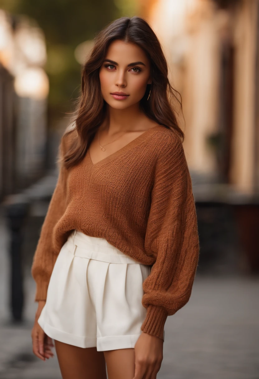 petite girl, waist-length hair, Brown eyes,  beige sweater, white skirt shorts