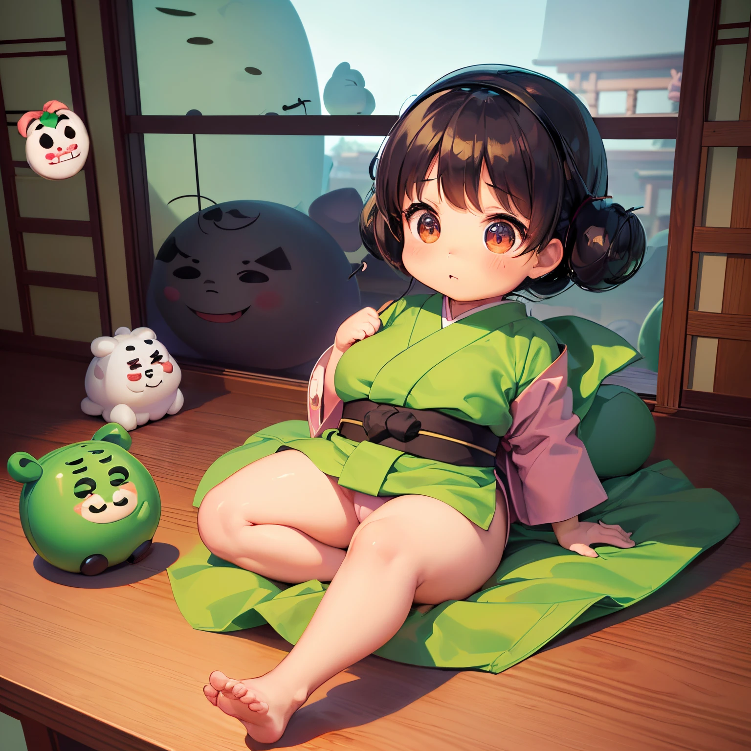 cartoon-style, (chibi character, deformed, full body, big head:1.5, line art), anthropomorphic fat cute pig girl, pig nose, green kimono, sitting, (spoken boo:1.5), (fukidashi boo:1.5), Japanese-style room window