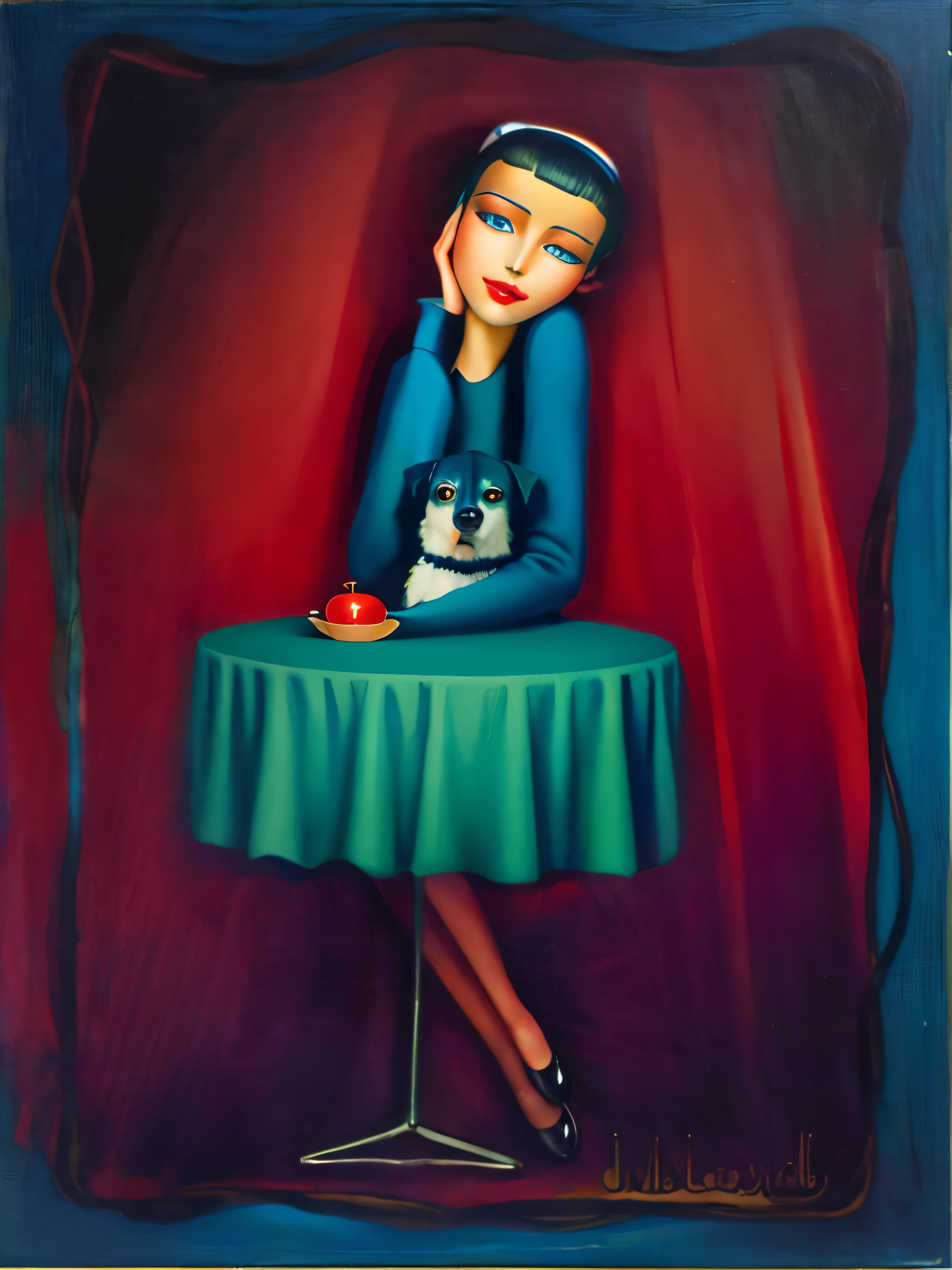 Jucika, traditional media, black eyes, black hair, short hair, flat color, solid color, colored skin, zPDXL, best quality, amazing quality, score 9, 1girl, table, wine, yellow dress, pearl necklace, hand on face, looking at viewer, half-closed eyes, heart, <lora:Jucika1:0.8>