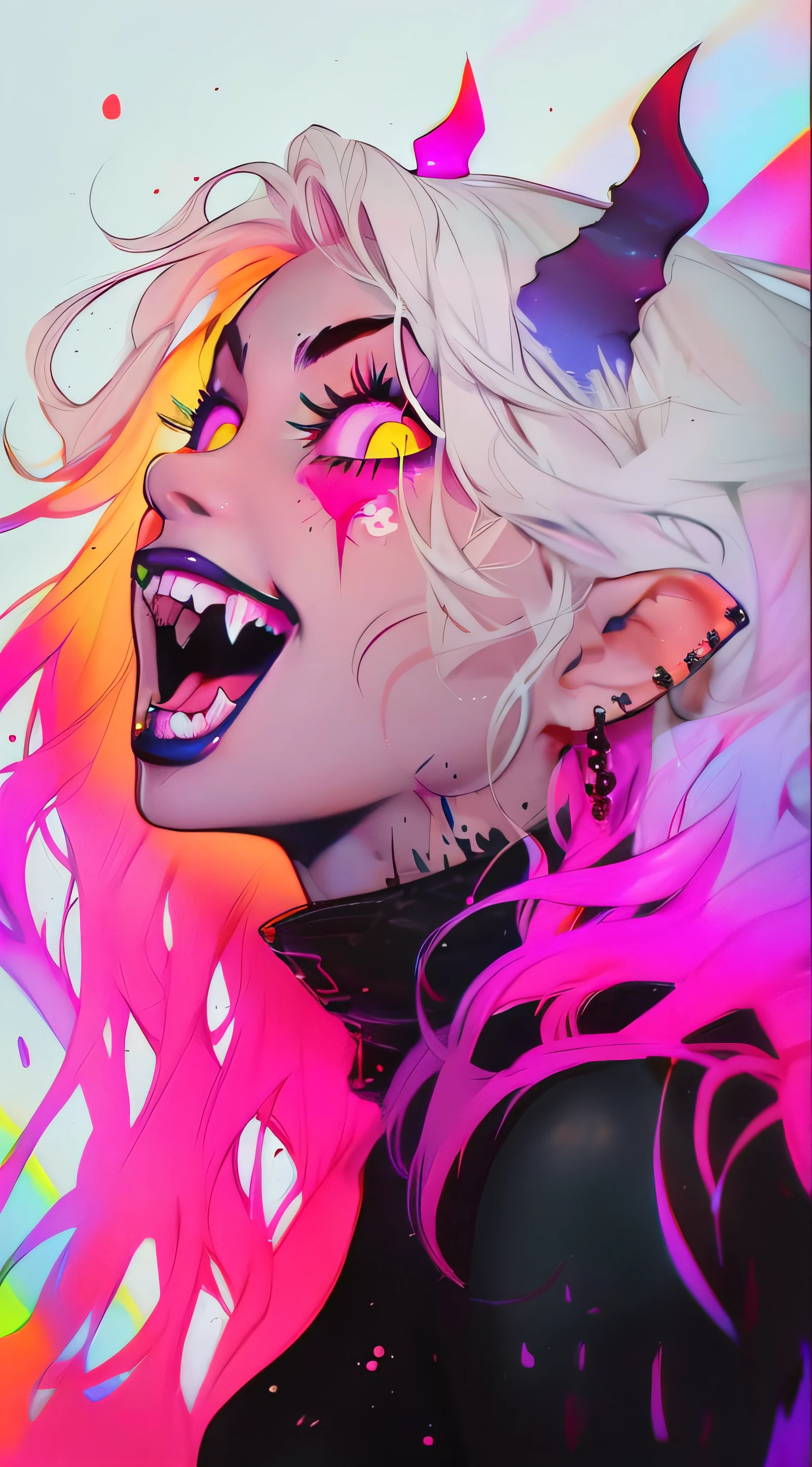 A closeup of a person with pink hair and a demon face, rossdraw desenho animado vibrante, RossDraw pastel vibrante, Evil. cores vibrantes. fofo, decora inspired illustrations, Demon girl, Rossdraw 2. 0, full-colour illustration, vibrant fan art, full-colour illustration, Arte digital de Danganronpa, arte conceitual colorida, Rossdraw 1. 0