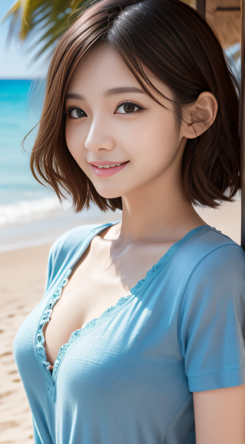 masutepiece、Best Quality、Illustration、 Ultra-detailed、finely detail、 hight resolution、8K Wallpaper、Perfect dynamic composition、girl with、A detailed face、A detailed eye、Textured skin、discret smile、Wavy short hair、tiny chest、Bold sexy poses、Spacious and extra-largeＴThe shirt、the beach、