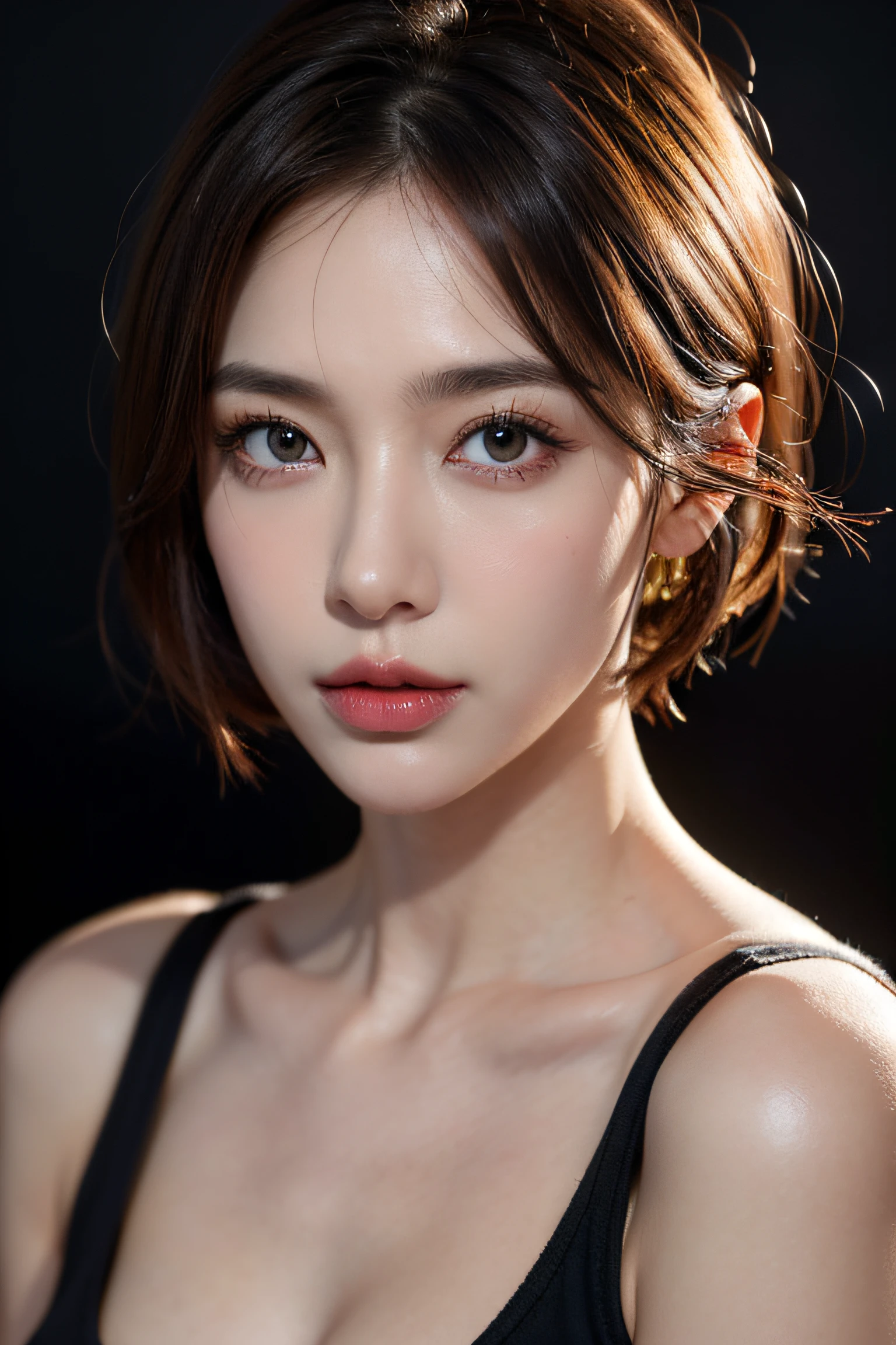 ((Girls at idle level)), masterpiece, The highest image quality, ultra-detailliert, (perfectbody:1.2), (Perfect face+eye glass+dishevled hair+Bright blonde bob hair), Close up of, Viewer's Perspective, She bent and lowered her body to match the gaze of the audience。detailed hairs,ssmile、Detailed eyes(realisticeyes),profetional lighting,middlebreasts,Detailed eyes(realisticeyes),a necklace,Background: Jet black,dynamic shadow,profetional lighting,Beautiful skin,(Clear skin)、((Beautiful face))