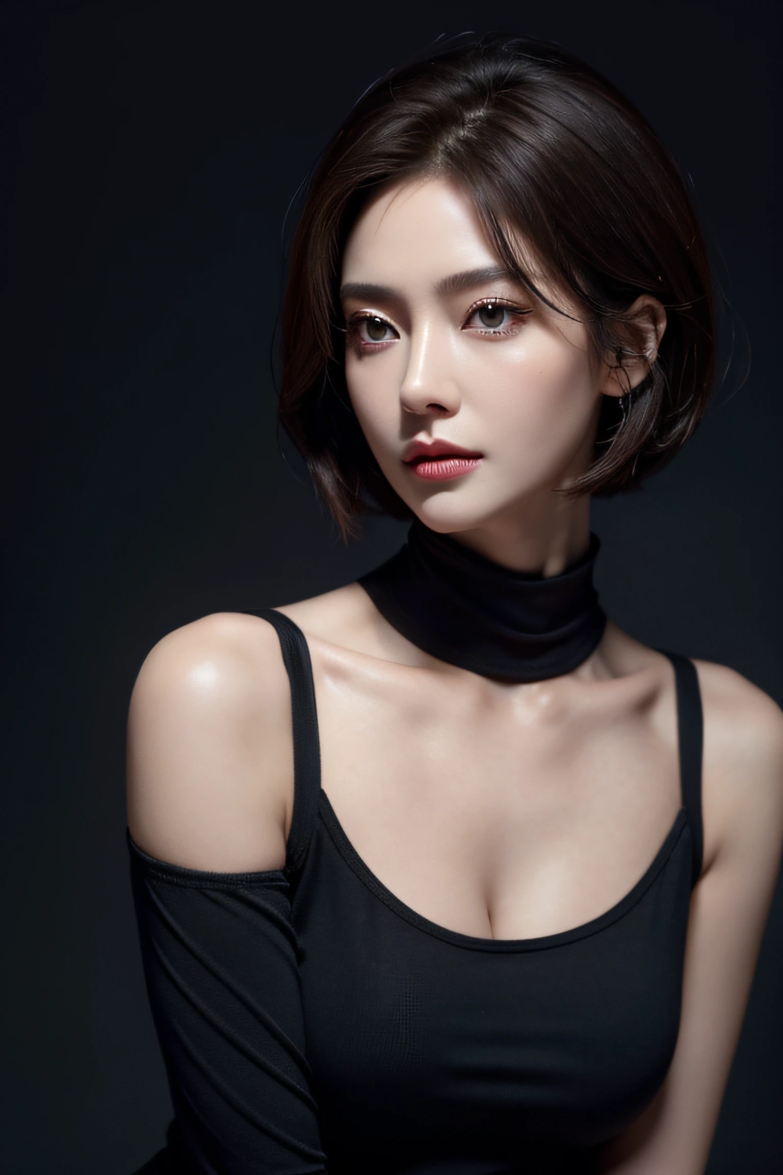 Skin Tight Black Top:1.2, Looking at Viewer, Cinematic lighting, Perfect, softlight, High resolution skin:1.2, Realistic skin texture, 30 years old mature woman、Small face、no-makeup、, off shoulders,Bust B Cup、 Exposed cleavage, Red Eyes, Short hair, dark brown hair,Gray background、