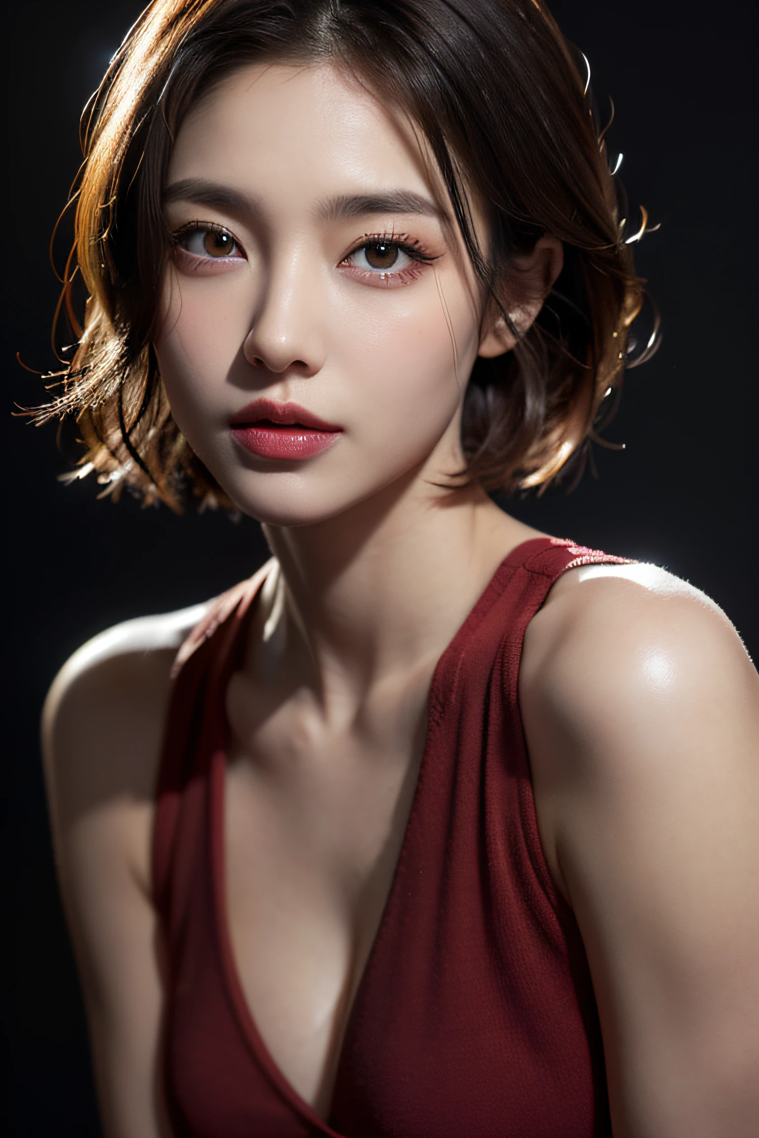 Skin Tight Black Top:1.2, Looking at Viewer, Cinematic lighting, Perfect, softlight, High resolution skin:1.2, Realistic skin texture,30 years old mature woman、 Realistic face, off shoulders, Exposed cleavage,natural make up、 Detailed red eyes、 Short hair, dark brown  hair、a small face、Bust B Cup