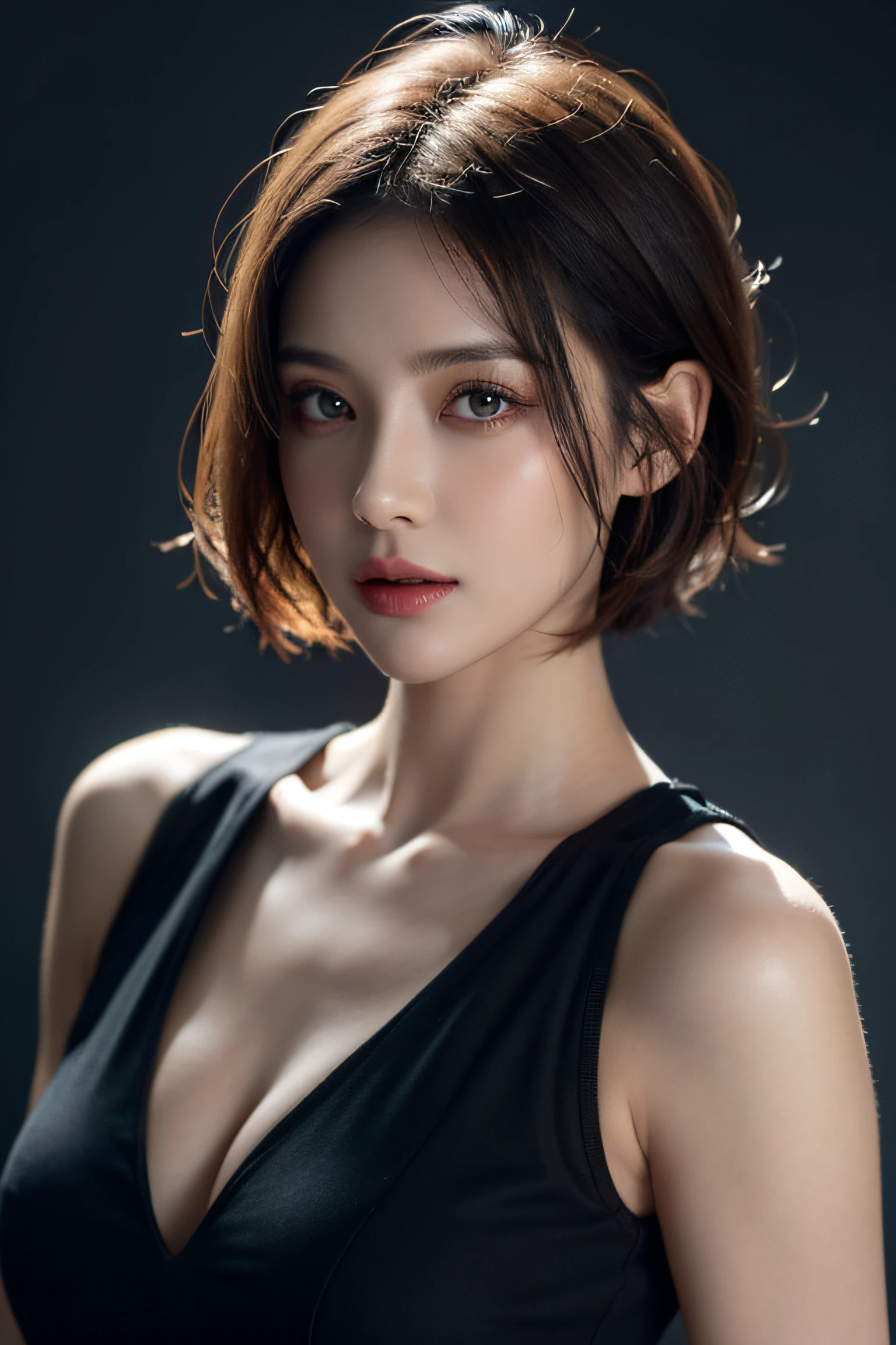 Skin Tight Black Top:1.2, Looking at Viewer, Cinematic lighting, Perfect, softlight, High resolution skin:1.2, Realistic skin texture,30 years old mature woman、 Realistic face, off shoulders, Exposed cleavage,natural make up、 Detailed red eyes、 Short hair, dark brown  hair、a small face、Bust B Cup