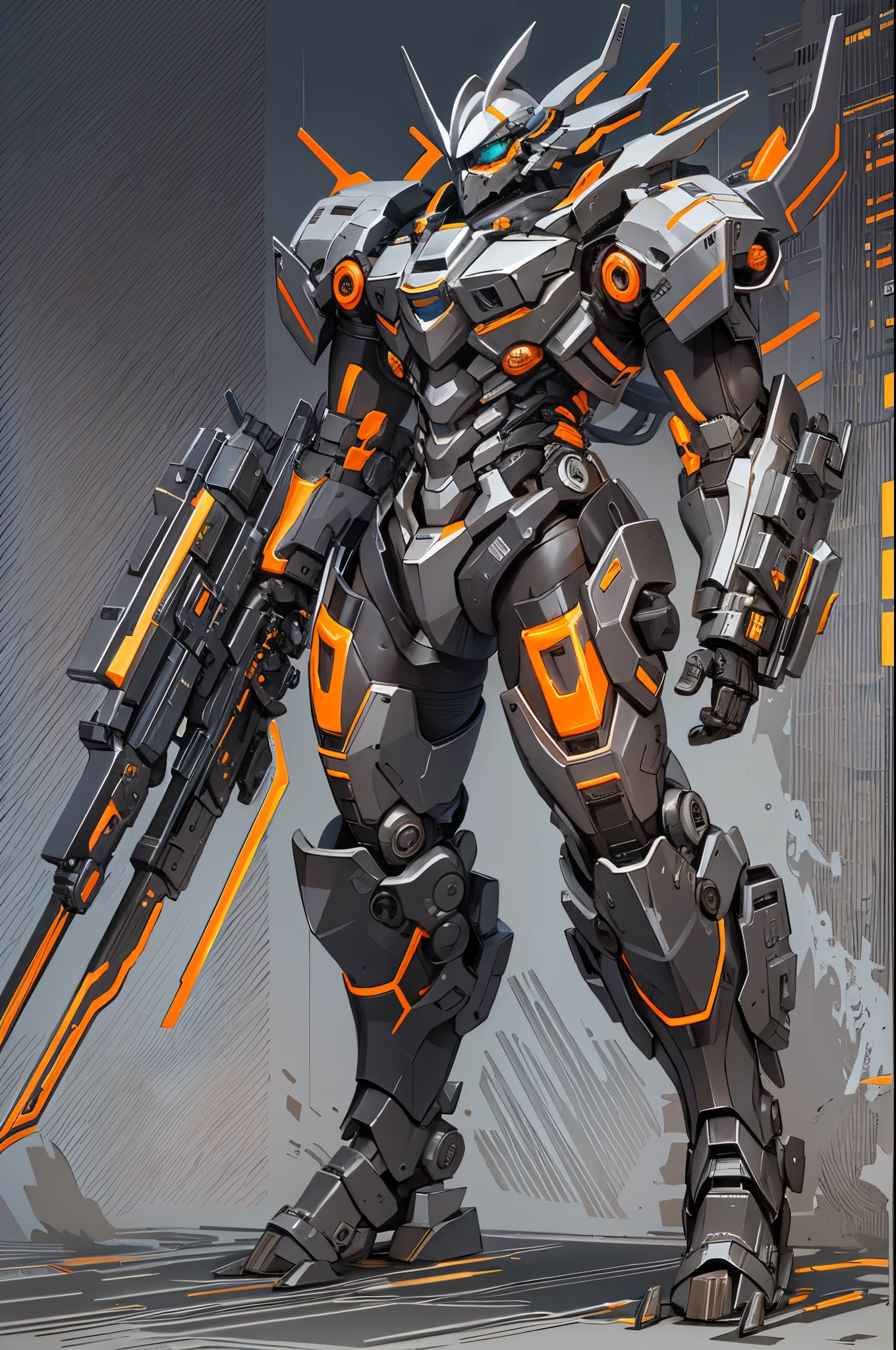 An edgy style mecha with a wedge shaped head, high collar armor, and a massive left arm that is the size of its body. it's left forearm is an exposed turbine core, with heatsinks and glowing vents. the left hand is a large metal five fingered claw with heated tips. the rest of the body is clad in armor, angularly designed. it has two right arms, one holding a large sword and the other with an automatic shotgun. full body shot, concept art, anime, sci-fi, cyberpunk, cables,(tmasterpiece,top Quority,best qualtiy,offcial art,Beauty and aesthetics:1.2),Extremely detailed,(s fractal art:1.3),extremely colorful