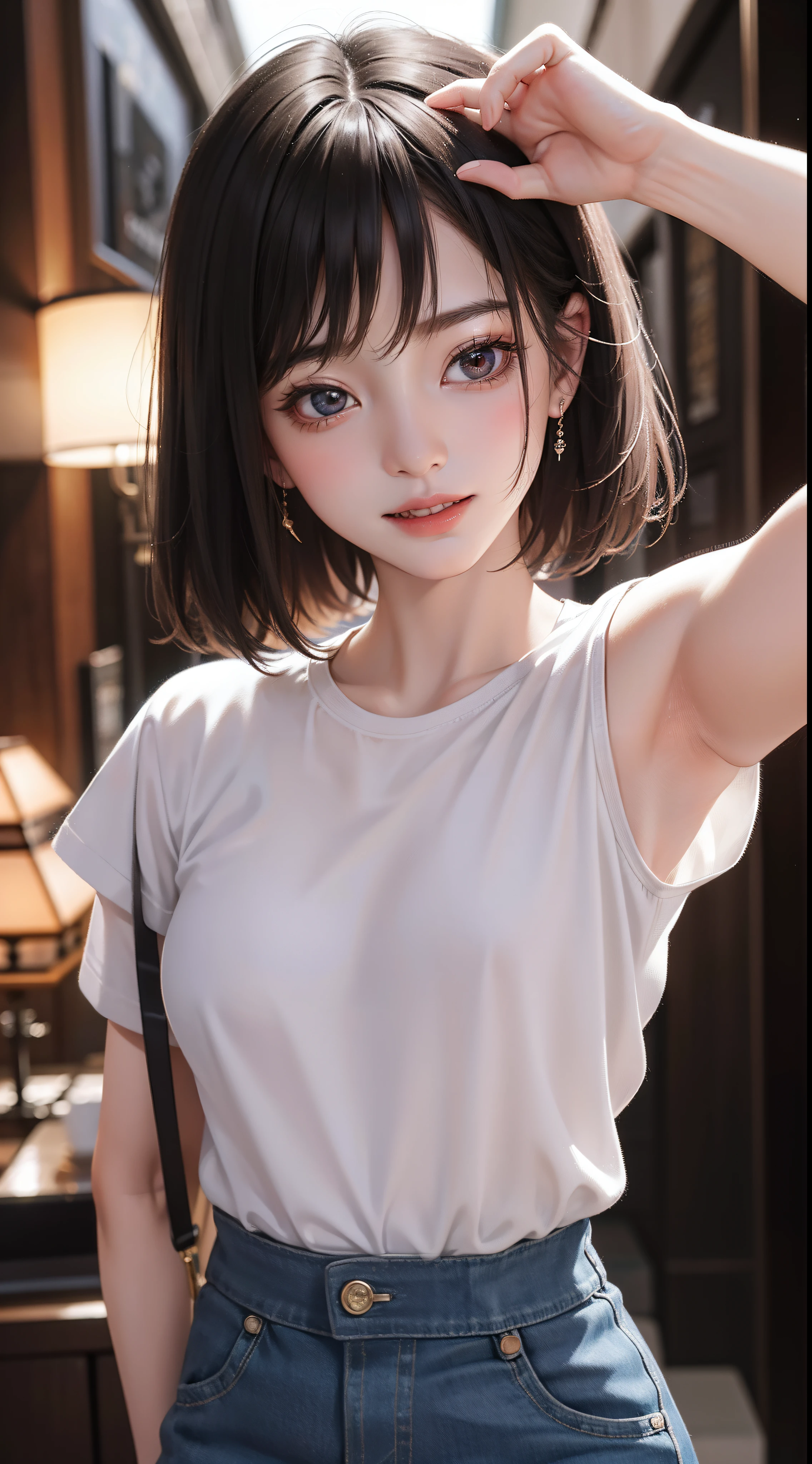 masterpiece、one beautiful women、A detailed face、A detailed eye、Detailed skin、top-quality、japanes、Illuminated from the front with bright lighting、profetional lighting、Always face straight ahead、The background is a little blurry、24 year old、、Wearing a rock and punk t-shirt、a smile、short-cut、Band Girl、The double teeth are cute.、