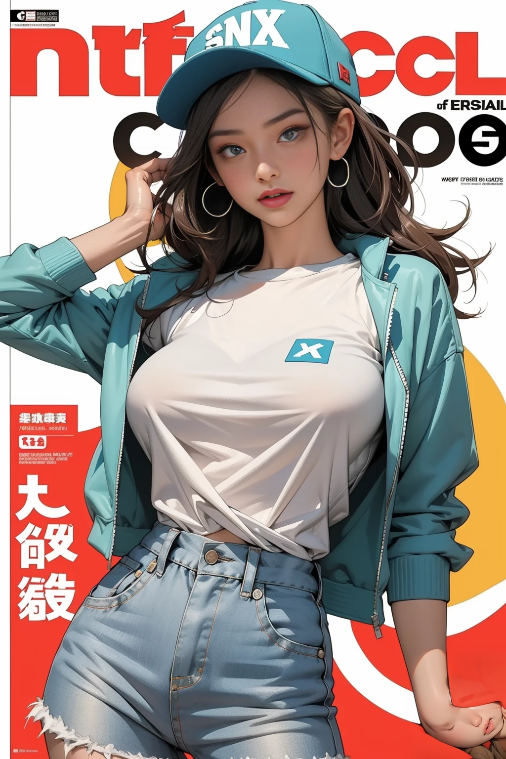 1girl, sfw, cap, shorts, jacket, white t-shirt, nice slim body, big breasts, (Magazine cover style illustration of a fashionable woman in vibrant outfit posing in front of a colourful and dynamic background. She has a confident expression and is posing. The cover text should be eye-catching, with the title of the magazine and an attractive headline. The overall style should be modern and current, focusing on fashion and lifestyle), wallpaper, crowds, fashion, contrapposto, female focus, model, cool.