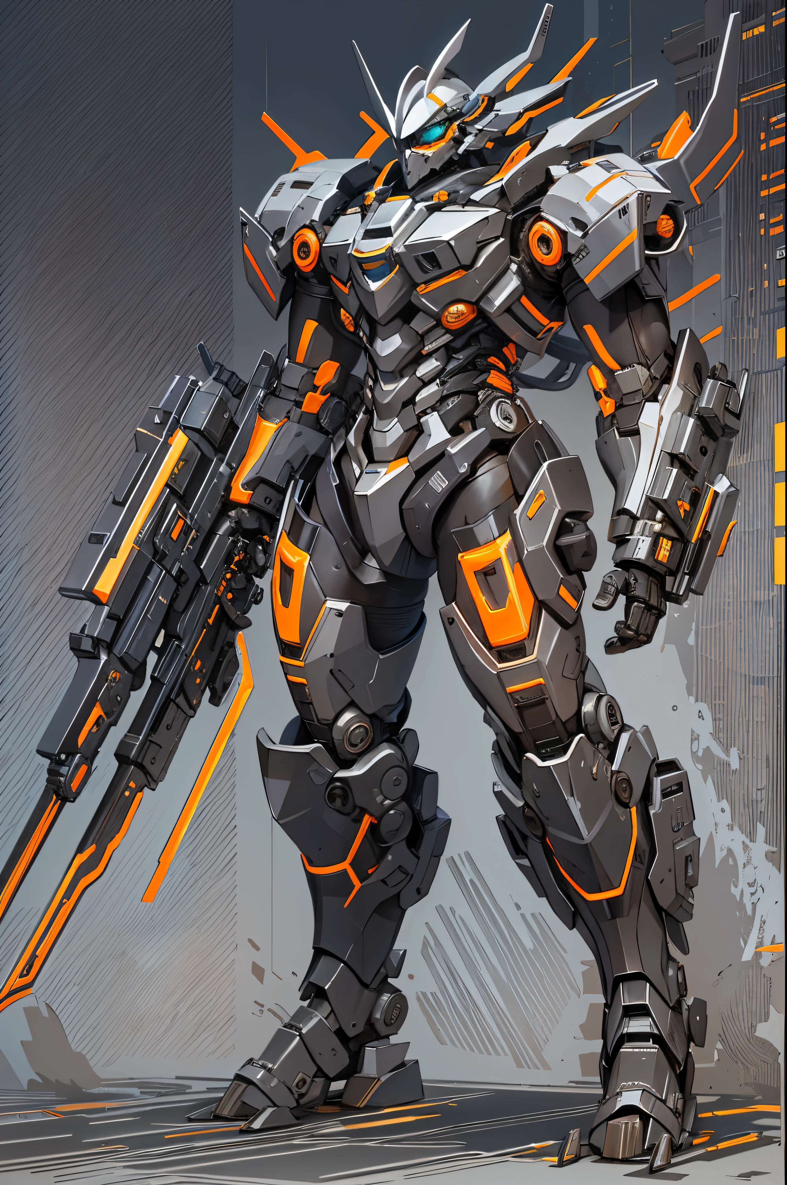 An edgy style mecha with a wedge shaped head, high collar armor, and a massive left arm that is the size of its body. it's left forearm is an exposed turbine core, with heatsinks and glowing vents. the left hand is a large metal five fingered claw with heated tips. the rest of the body is clad in armor, angularly designed. it has two right arms, one holding a large sword and the other with an automatic shotgun. full body shot, concept art, anime, sci-fi, cyberpunk, cables，（tmasterpiece，top Quority，best qualtiy，offcial art，Beauty and aesthetics：1.2），Extremely detailed，（s fractal art：1.3），extremely colorful