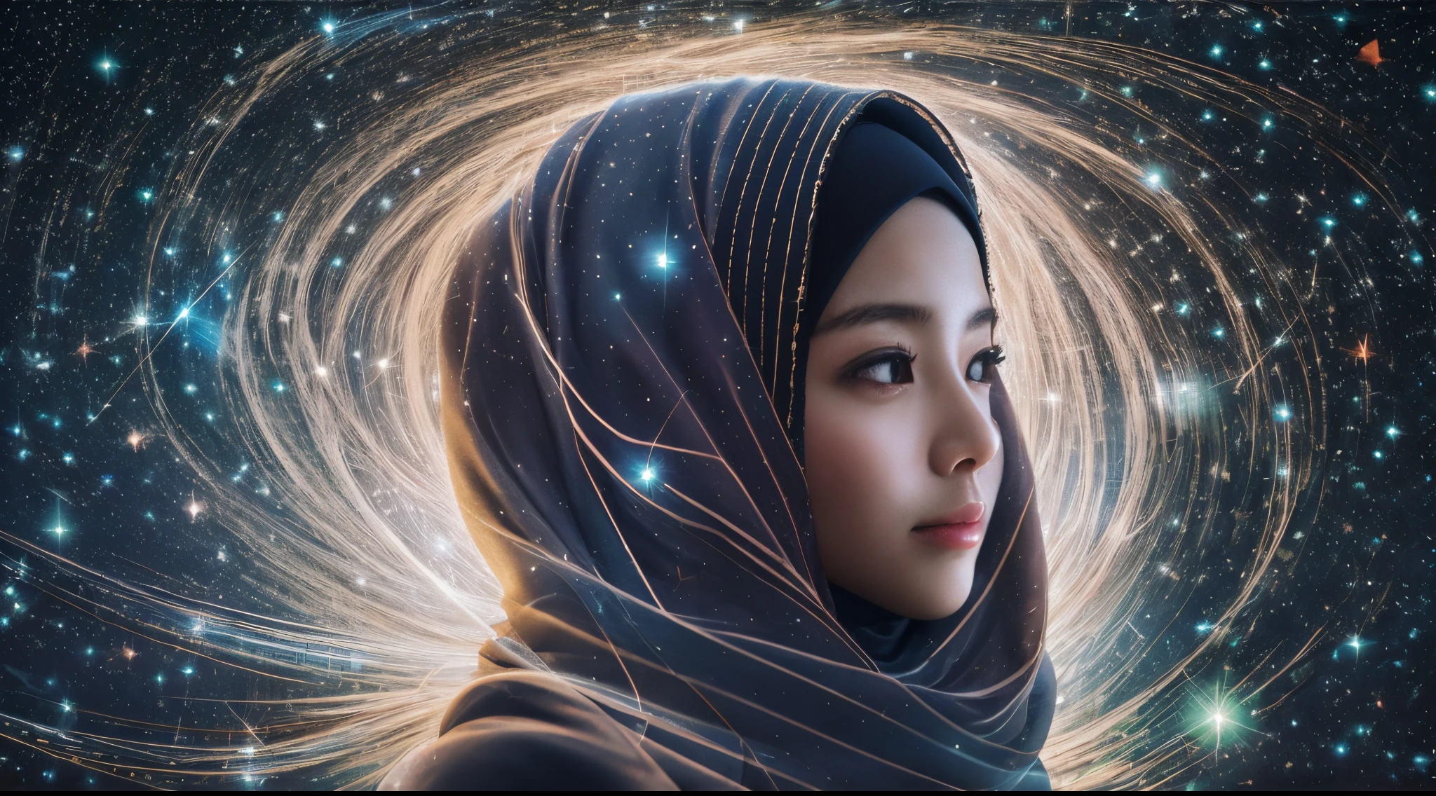 Craft a magical photo of a Malay girl in hijab under a starlit night sky, surrounded by shimmering constellations. Use long-exposure techniques to capture the movement of stars. Apply a cool, cosmic color scheme for a dreamlike effect, Prores lense, Low angle shot, Desaturated color grading, rear projection, Tungsten light, Dynamic shadows, indie
