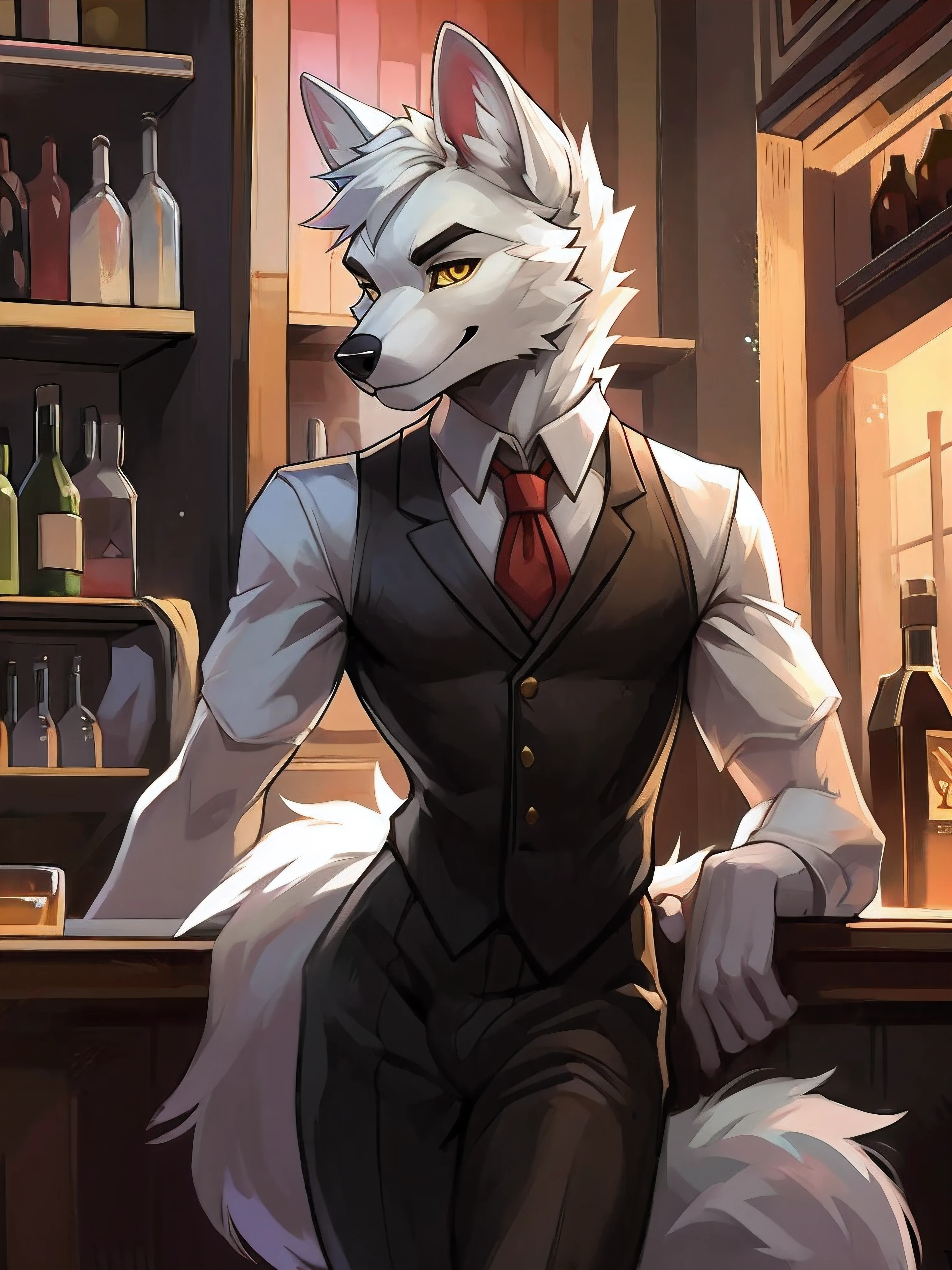 Male, arctic wolf, yellow eyes, long tail, detailed eyes, bartender