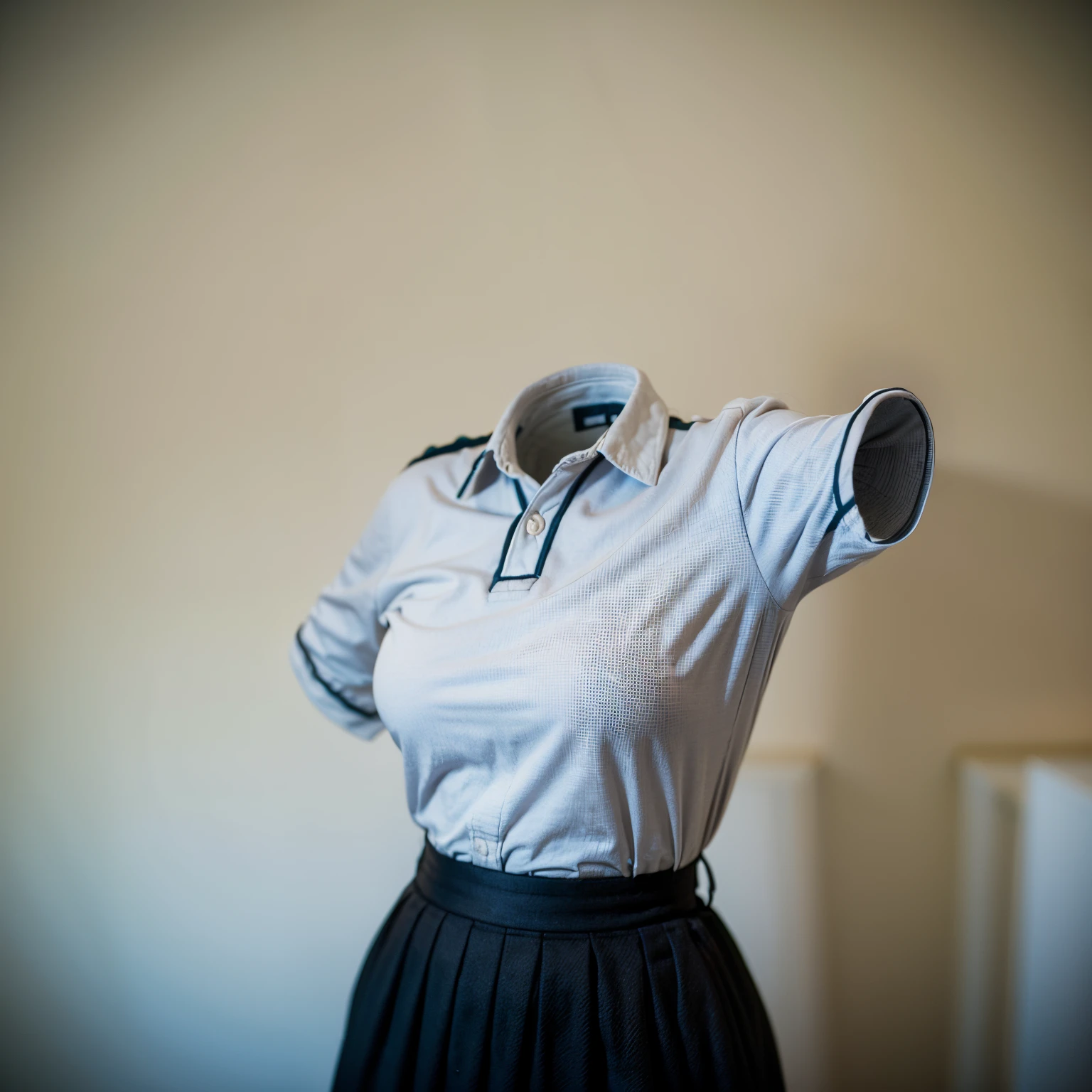 chubby, fat, polo shirt, school uniform, classroom, high school, (Swayback stance), (invisible:1.5, no humans:1.5, headless:1.5, faceless:1.5), (cute big breasts), (close-up shot of breasts), (8k, RAW photo, best quality, masterpiece:1.2), (realistic, photo-realistic:1.37), photon mapping, radiosity, ((Hasselblad photography)), physically-based rendering