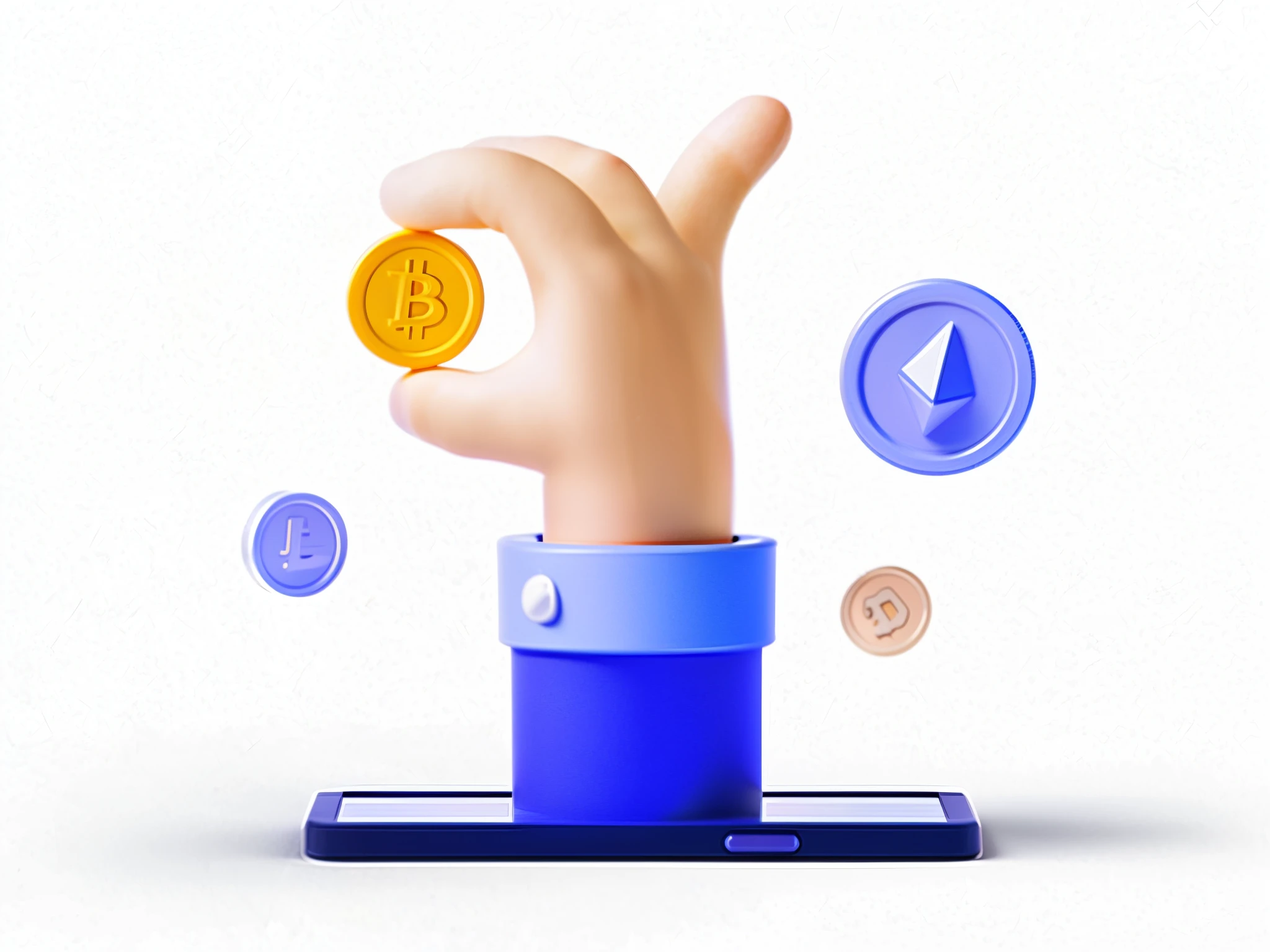 There is a hand holding a coin in a cup, cryptocurrency, Depicted as a 3D rendering, 3D NFT, 3D icons for mobile games, 3d illustrations, cryptocurrency, 3d illustrations, Cryptocurrency in the background, advertisement picture, Stylized digital illustration, 2. 5D illustration, Simple illustration, Easy to use, 2D illustration