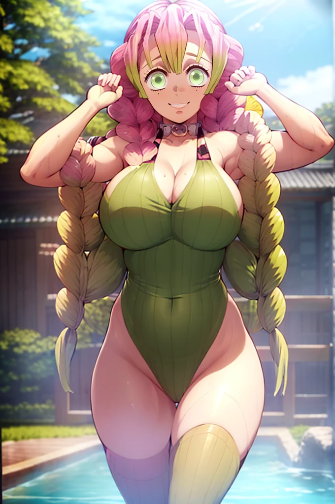 1chica, solamente, Afrodita, adornos para el cabello, flores en el cabello, pechos enormes, cuello, pulseras doradas, obra maestra, mejor calidad, colores vibrantes, NSFW, oversized gigantic breast, Mujer completamente madura, Cabello largo, happy face, school swimsuit, Old school swimsuit, One-piece swimsuit pull, wet swimsuit, in the pool, (Beautiful_cara:1.5), (estrecho_cintura) cinematic lighting, bust shot, extremely detailed CG unity 8k wallpaper, muscular, (gigantic breasts:1.0), big eyes, (curvy:0.8), caustics, (sunbeam:0.8), sexy pose, oversized gigantic breast, BBW | Mujer completamente madura,{{{1girll}}}, {{{La mejor calidad}}}, {{{HDR, hiper HD, 8k }}}, {{Pintura ultrafina}}, {{{Obra maestra}}}, {{Ultra detallado}}, {{extreme detail description}}, (Pechos gigantescos de escote:1.5), detailed face, detailed eyes, smile, mitsuri_dms, 1girl, solo, green eyes, mole, mole under eye, green hair, pink hair, ((black_special_pupil)),