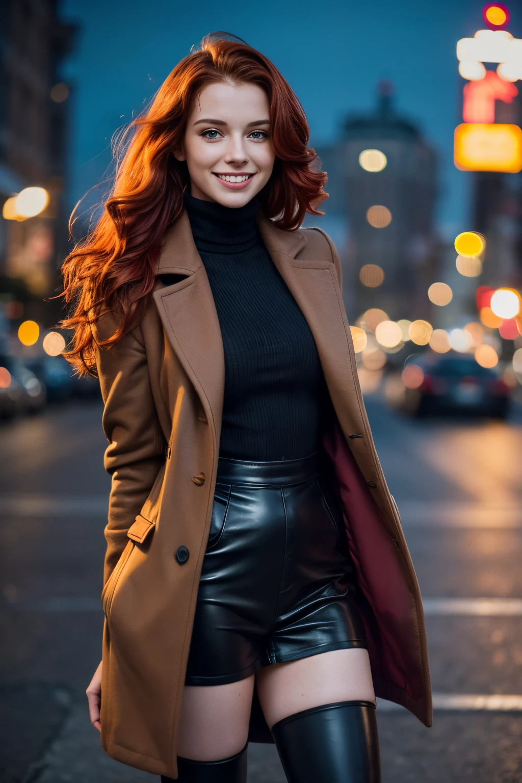 19yo woman, wavy red hair, athletic build, unbuttoned coat, cozy turtle neck sweater, exterior city, soft lighting, thigh high black leather boots, full body photo, hourglass figure, pale skin, pretty woman, adult woman, beautiful woman, realistic, golden hour, playful laugh, delightful smile, young woman