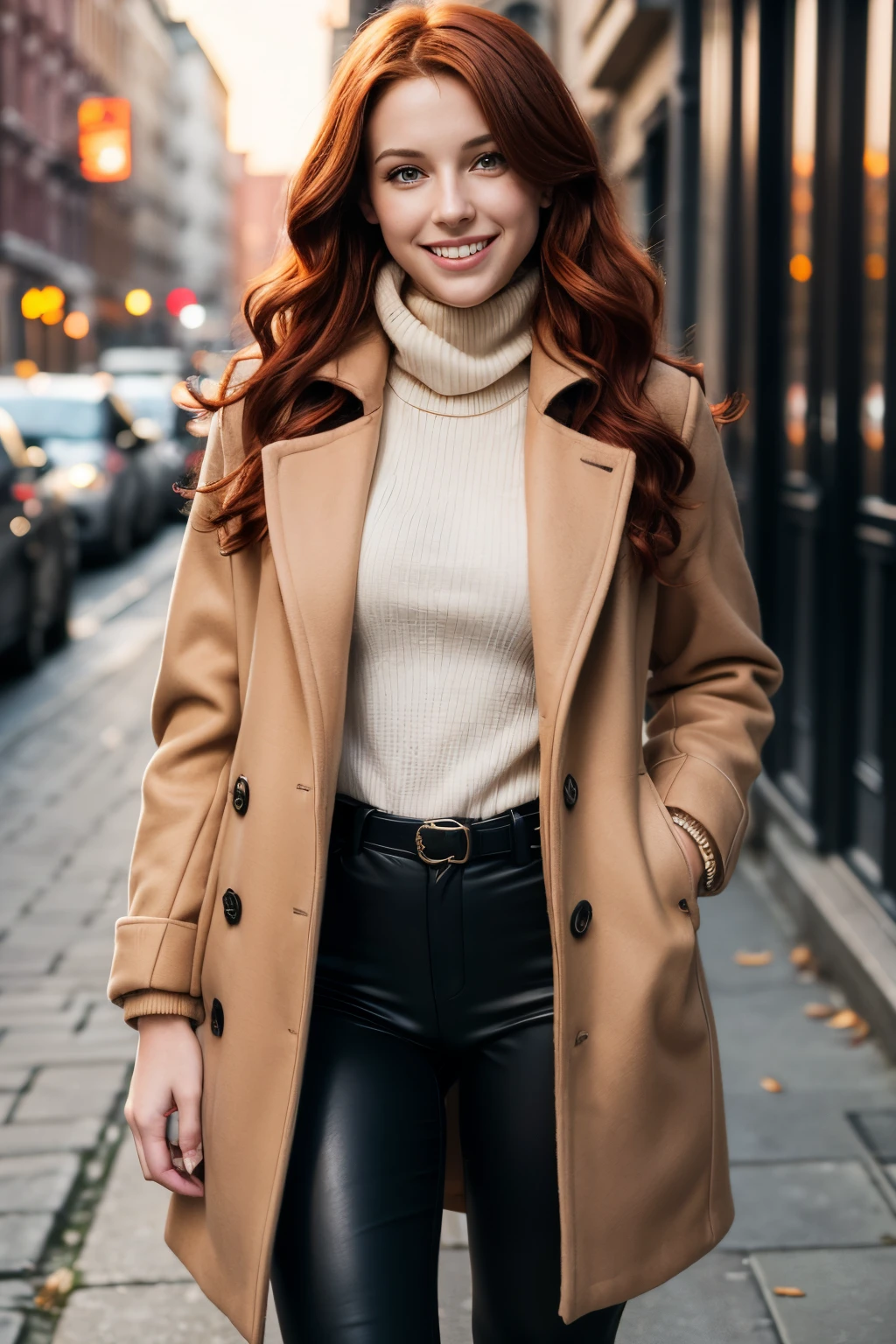 19yo woman, wavy red hair, athletic build, unbuttoned coat, cozy turtle neck sweater, exterior city, soft lighting, thigh high black leather boots, full body photo, hourglass figure, pale skin, pretty woman, adult woman, beautiful woman, realistic, golden hour, playful laugh, delightful smile, young woman