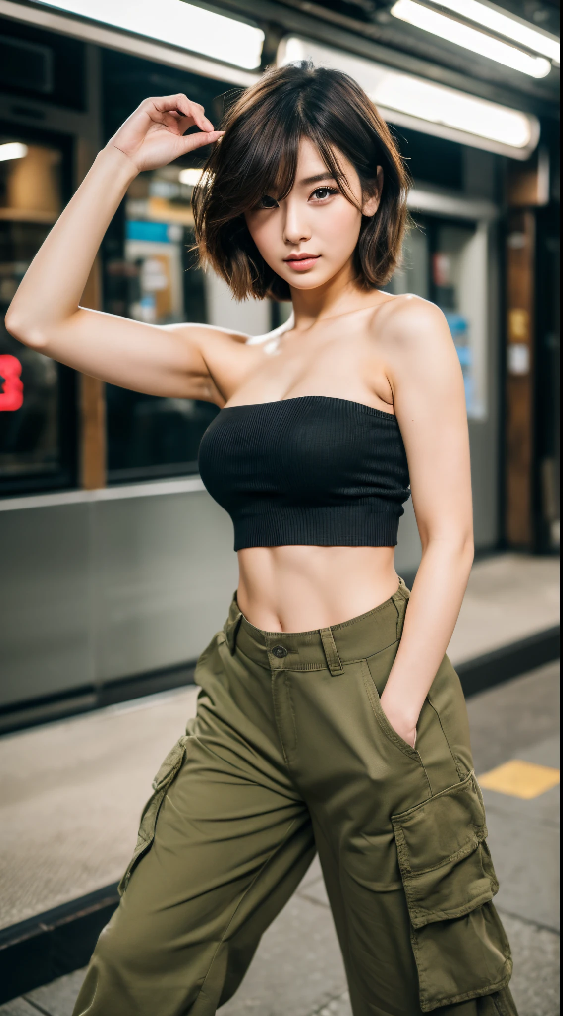 Best Quality, 8k, 32k, Masterpiece, Attractive Japan Woman Pictures, One Girl, full body,Abs, Perfect Body,(tube top :1.1),(wide cargo pants :1.1),(engineer boots:1.1),Ultra Detailed Face, Detailed Lips, Fine Eyes, Double Eyelids,short hair,Disheveled Hair,