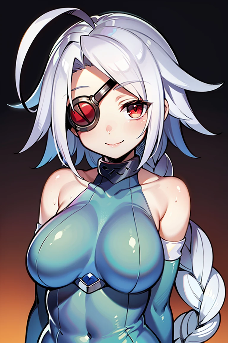 Nu-13, red eyes, white hair, braid, ahoge, eyepatch, unitard, (skin tight), single braid, ahoge, large breasts, bare shoulders, detached sleeves, bridal gauntlets, 1girl, solo, upper body, smile, add_detail:1.5