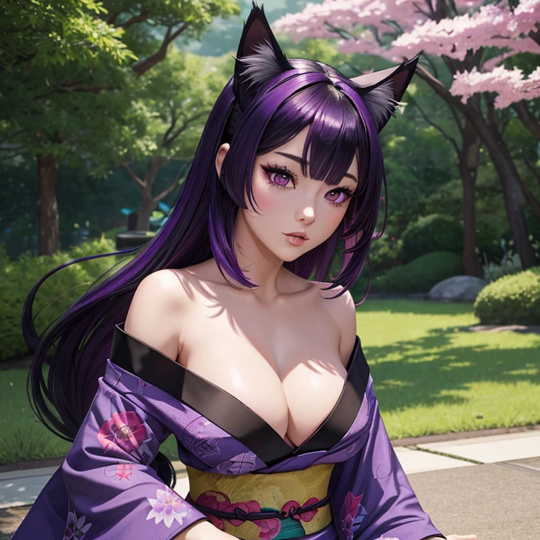 Only one woman , There's an adult woman in a park, Japanese Kimono , unicorn pattern, shiny skin, cat ears,, Dark purple hair, black hair and purple streaks, cat ears on head, beautiful chest, Second life avatar, Beautiful screenshot, Second life,, full body view, Front view, seductive woman, high quality, Very detailed skin