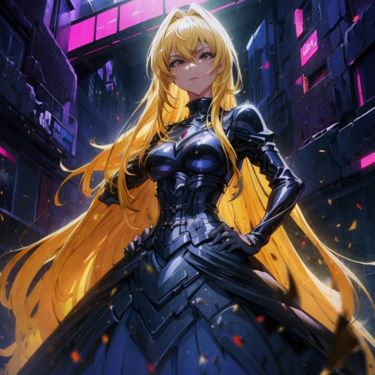 Yami the Golden Darkness wearing gloss black battle dress with silver accents, hands on hips, staring at another person, messy long yellow hair, cute red eyes, amazing beauty and incredible presence, dynamic pose, delicate face, beautiful red eyes, confident facial expression, 8k high detail, very detailed, anatomically correct, digital painting, concept art, Shinkai Makoto art style, clear picture, city, full-body portrait, masterpiece, super fine photo, best quality, 8K super high resolution, 2D anime