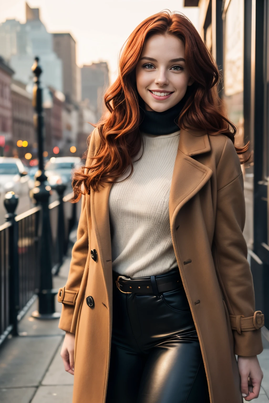 19yo woman, wavy red hair, athletic build, unbuttoned coat, cozy turtle neck sweater, exterior city, soft lighting, thigh high black leather boots, full body photo, hourglass figure, pale skin, pretty woman, adult woman, beautiful woman, realistic, golden hour, playful laugh, delightful smile, young woman