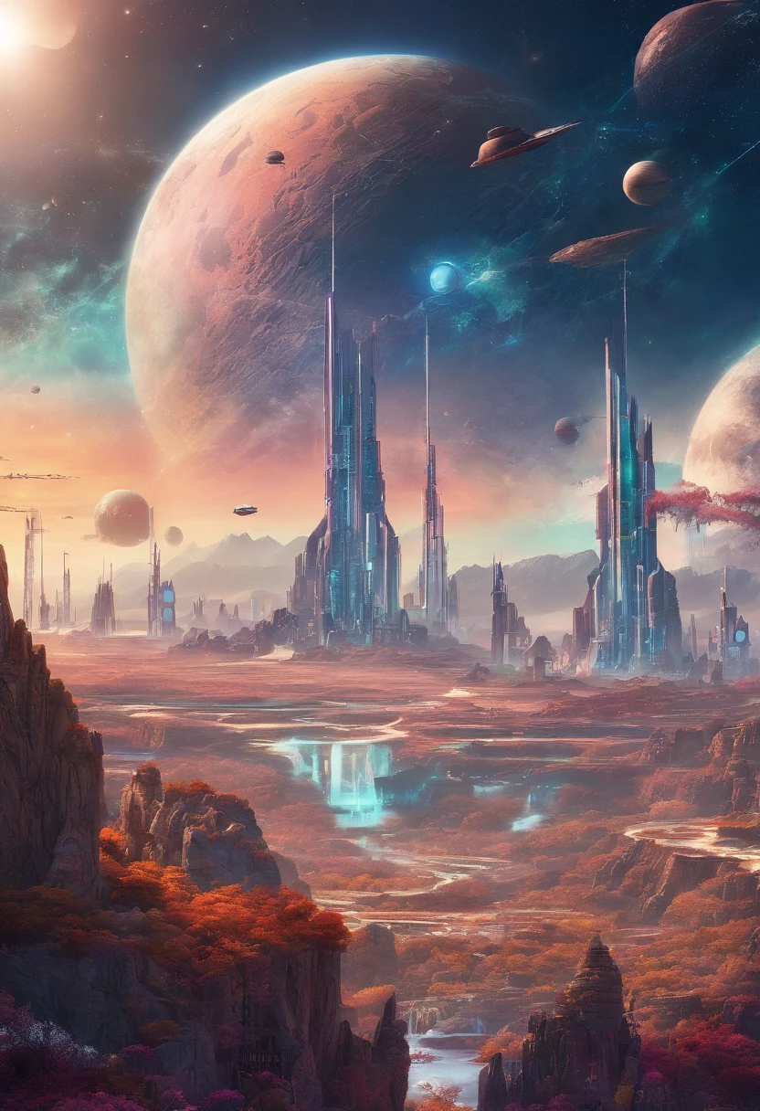 Fantasy World, Wonderful, Full of fantasy and fiction, Coloring, low illuminance, Medium brightness (Perfect work of art), The landscape presents a theme of immense beauty and fantasy, Beautiful