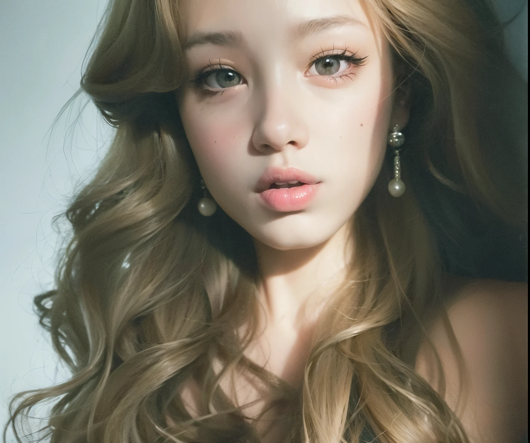 um close up de uma mulher com cabelos longos e um vestido branco, Ulzzang, kawaii retrato realista, maquiagem sul-coreana popular, beautiful aesthetic face, pale porcelain white skin, Realistic. Cheng Yi, maquiagem coreana popular, ultrarrealista doce coelhinho menina, cara de boneca, Lalisa Manobal, adolescente hiperrealista, pale round face, beautiful pale makeup, pele de porcelana brilhante