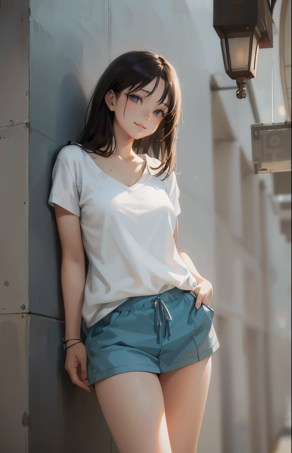 (masterpiece, Highest quality:1.2), One girl, alone,bony body、15 years old、Anime Style、(masterpiece, Highest quality:1.2), One girl, alone,bony body、15 years old、(from below:2) , master piece , best quality , woman , blouse , Short denim waiting to start 

