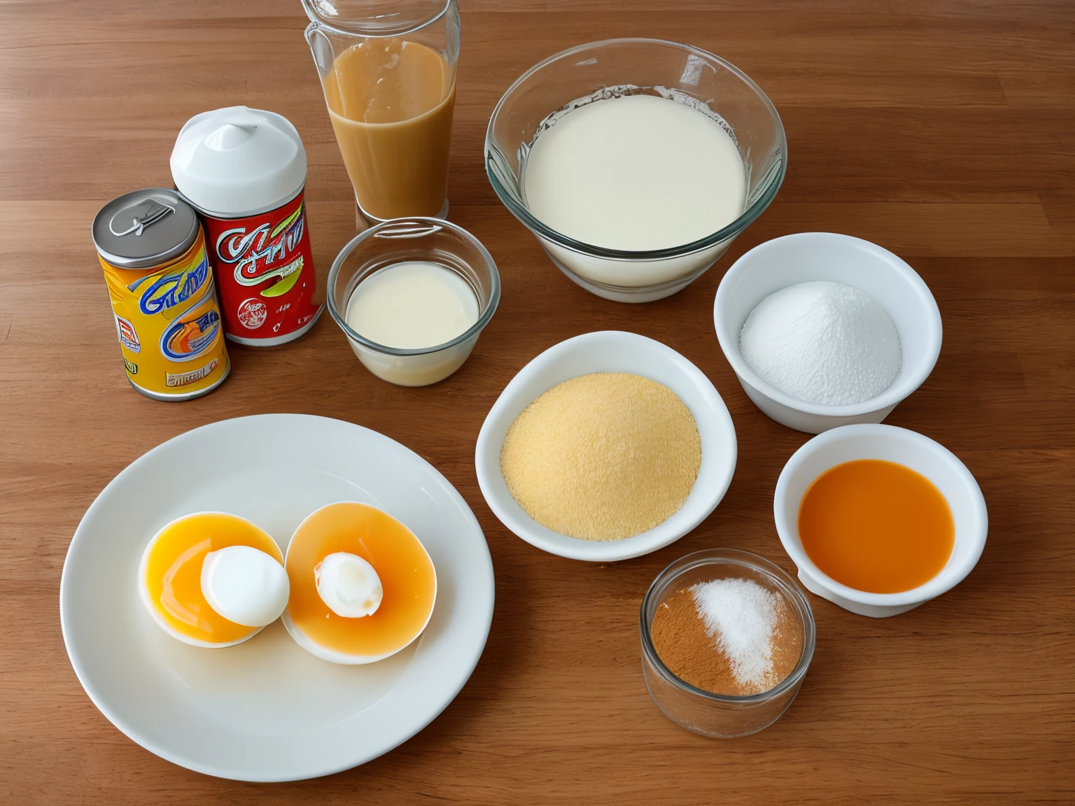 Separate flan ingredients: 5 eggs with shells, 1 can of evaporated milk, 1 can of sweetened condensed milk, 1 cup of sugar, vanilla extract