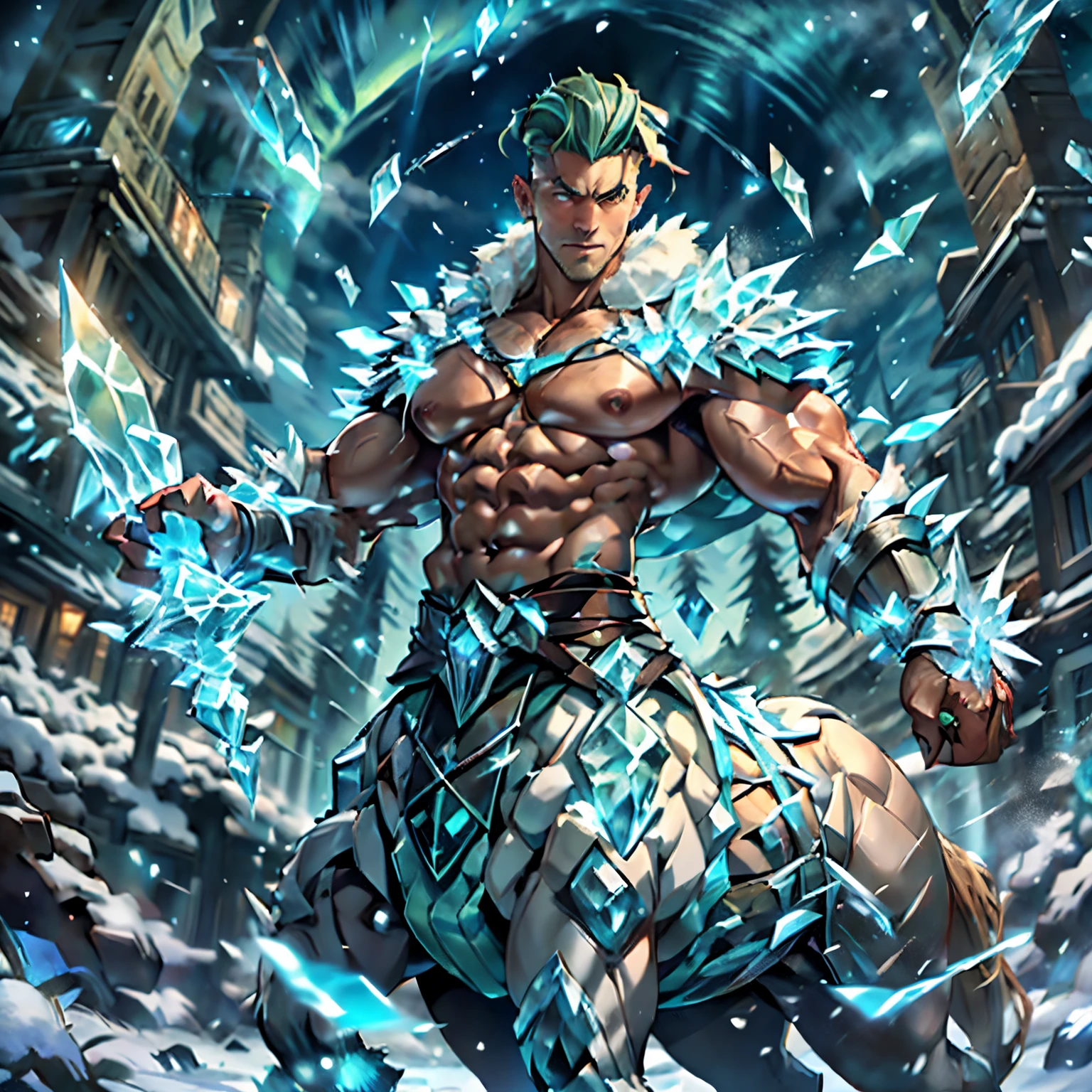 (Green short hair), (((male centaur))), ((bodybuilder)), ((very muscular)), ((broad chest)), ((thick pectorals)), abs, (((small waist))), ((big biceps)), ((large )), ((glans)), ((testicles)), ((nipple piercings)), snowy mountain, pine trees, aurora borealis, night sky, (veiny horse :1.0), extra arms, ExtraArms, tanned skin, erection, flaccid , erected , mature, dapper, stubbles, undercut hairstyle, cryomancer, crystal4armor