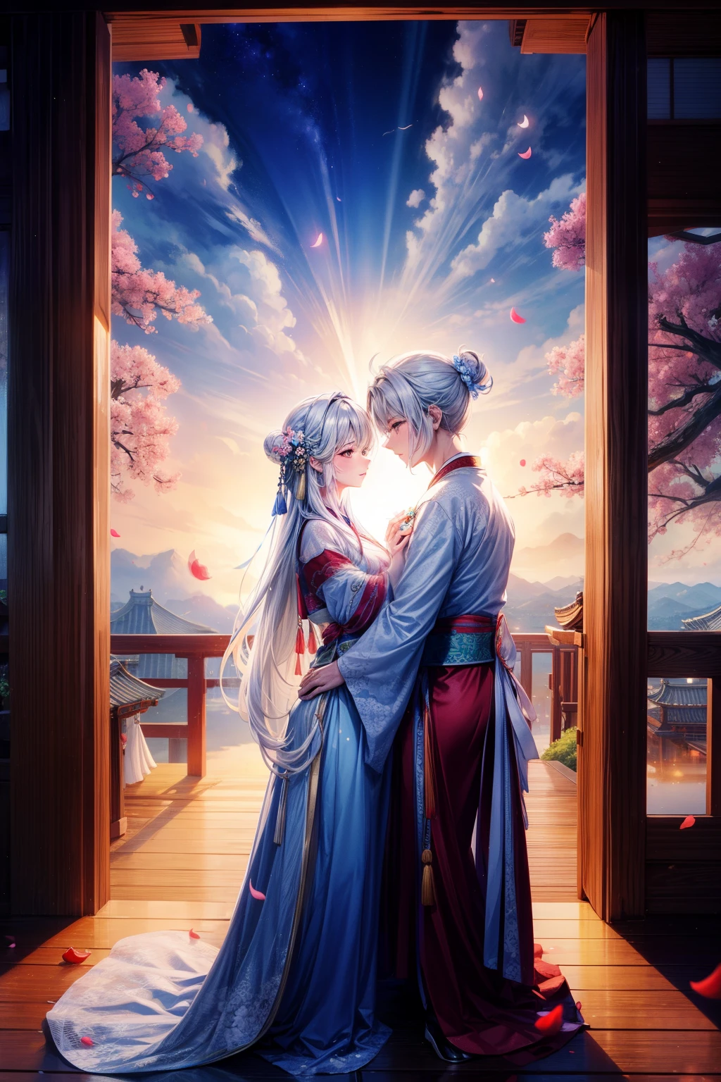 (1 boy), (1个Giant Breast Girl)In a romantic atmosphere,Couple hugging in Hanfu,Stroll through the sea of roses,Under the blue sky and white clouds,Feel the romantic theme of Valentine's Day。nigh sky,Kongming Lantern,Fireworks wooden bridge, magpie, clouds, sky sky, themoon, natta, wide wide shot, ,Hanfu,Long gray hair, Lateral face, Eye contact, take hand, The light from the rear window is backlit, The light from the rear window is backlit, Fly petals, , off and on, SFW, (tmasterpiece:1,2), best quality, tmasterpiece, A high resolution, Original, Extremely detailed wallpapers, perfect litthing, (VerydetailedCG:1.2),