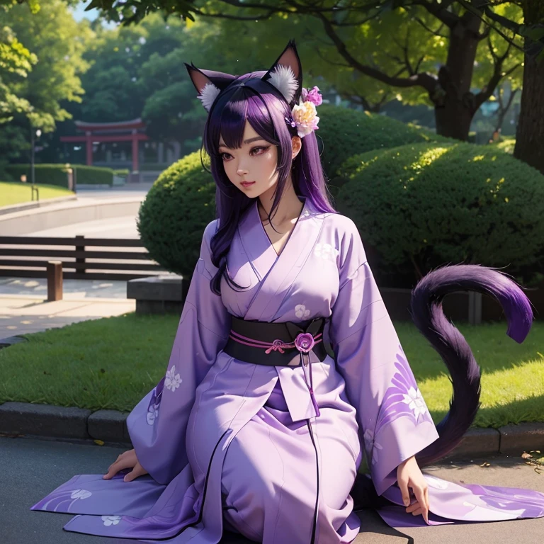 Only one woman , There's an adult woman in a park, Japanese Yukata , unicorn pattern, shiny skin, cat ears,, Dark purple hair, black hair and purple streaks, cat ears on head, beautiful chest, Second life avatar, Beautiful screenshot, Second life,, full body view, Front view, seductive woman, high quality, Very detailed skin