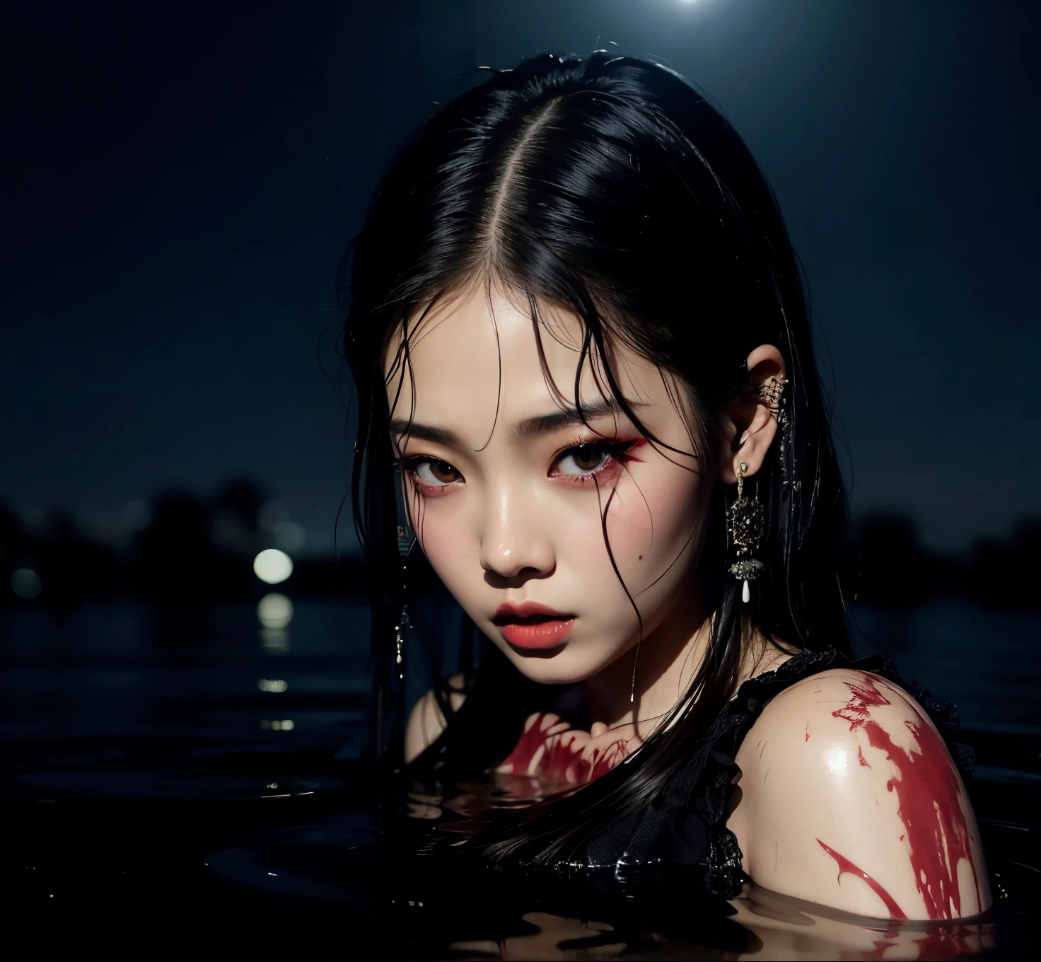 (high quality), (masterpiece), (detailed), 8K, Hyper-realistic portrayal of a futuristic (1girl1.2), Japanese character amidst a shocking bloodbath with sharks. Meticulous details capture the intensity, blending tradition and futuristic elements in this visually stunning and dramatic composition. Trending on Artstation, nude, naked,