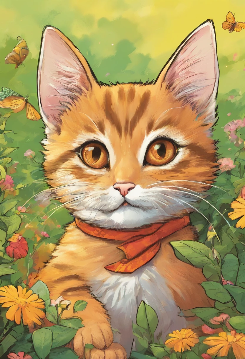The kitten saw a beautiful butterfly,chasing with excitement,