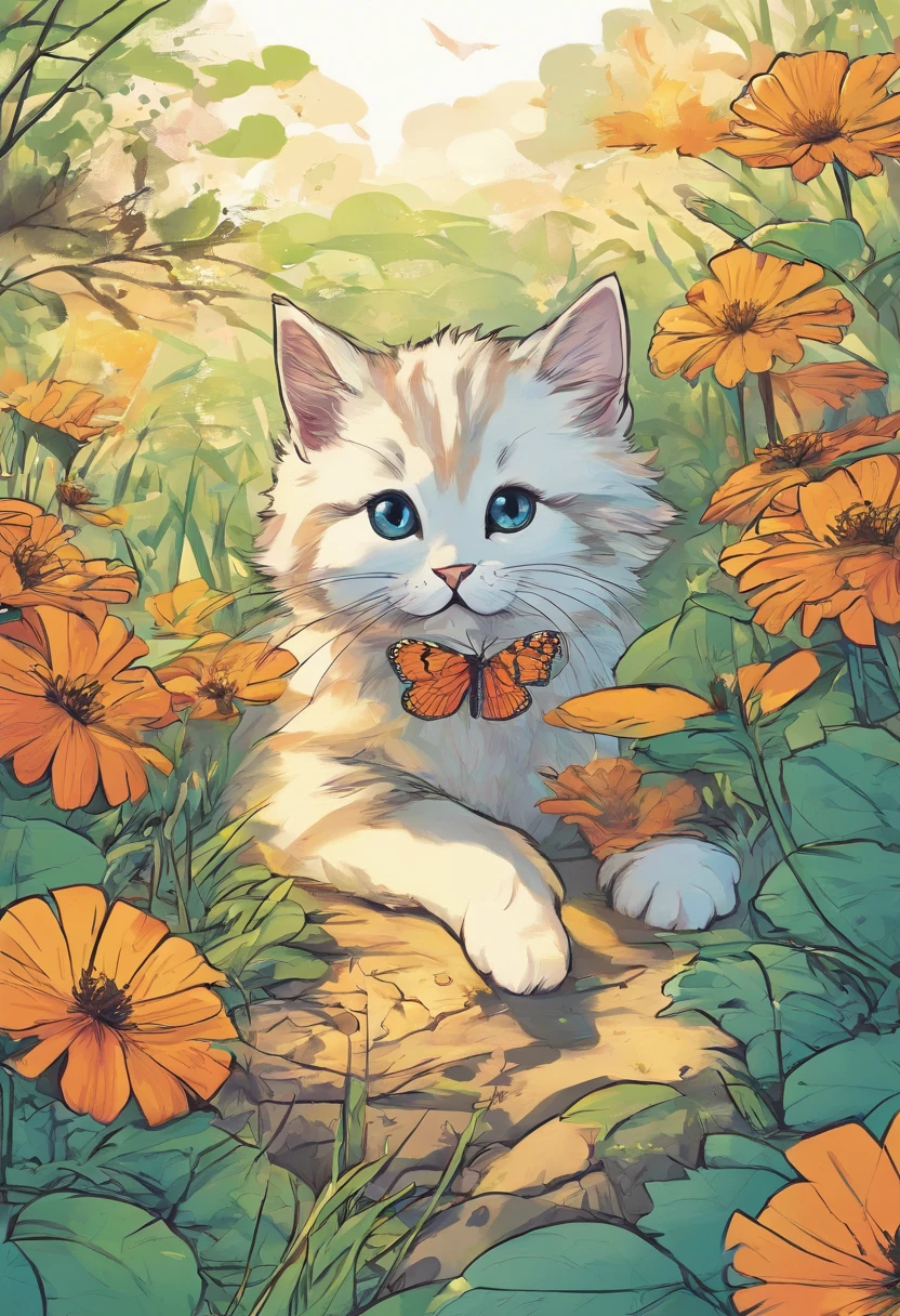 The kitten saw a beautiful butterfly,chasing with excitement,