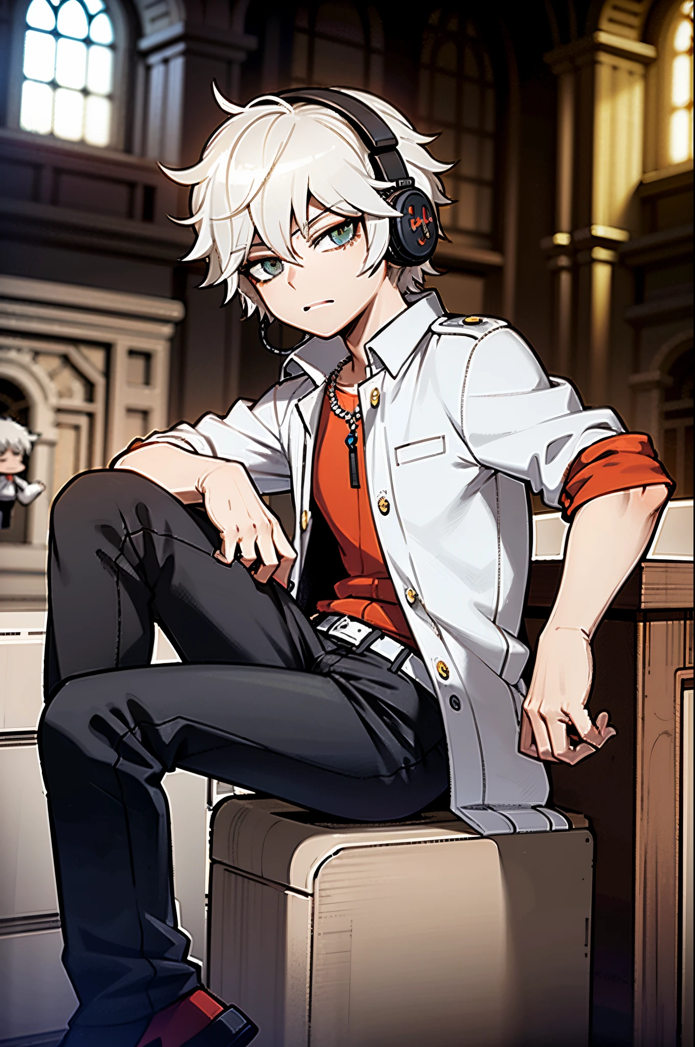 personagem de anime sentado em um banco em uma igreja com fones de ouvido, Nagito Komaeda, Nagito Komaeda de Danganronpa, cabelos brancos, Hajime Yatatate, arte oficial, cabelos brancos, Arte Oficial, Arte digital de Danganronpa, um louco de cabelos prateados, nero Retrato, arte chave do anime