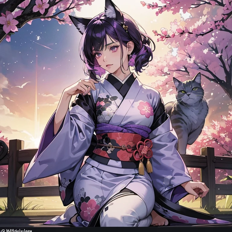 Only one woman , There's an adult woman in a park, MILF,  Japanese Kimono , unicorn print, shiny skin, cat ears,, Dark purple hair, black hair and purple streaks, cat ears on head, beautiful chest, Second life avatar, Beautifullscreenshot, Second life,, full body view, Front view, seductive woman, high quality, Very detailed skin