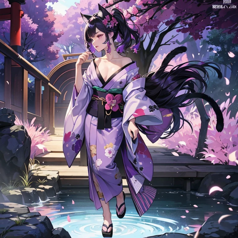 Only one woman , There's an adult woman in a park, MILF, Japanese Kimono , unicorn print, shiny skin, cat ears,, Dark purple hair, black hair and purple streaks, cat ears on head, beautiful chest, Second life avatar, Beautifullscreenshot, Second life,, full body view, Front view, seductive woman, high quality, Very detailed skin